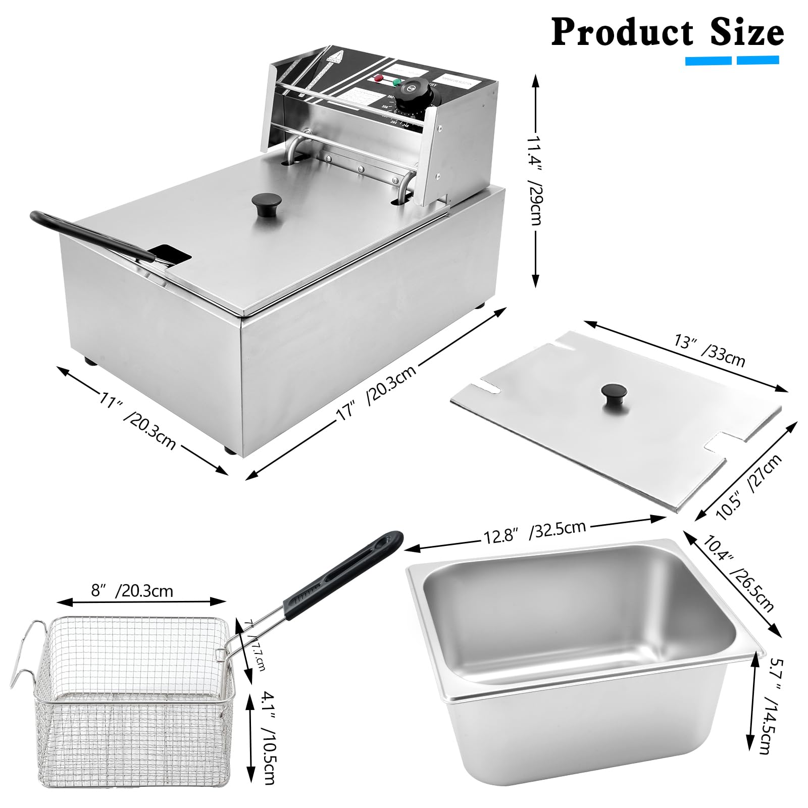 10.36 QT Commercial Electric Deep Fryer with Adjustable Temperature Control, Removable Basket & Stainless Steel Body - Perfect for Restaurants, Food Trucks & Home Kitchens (Silver)