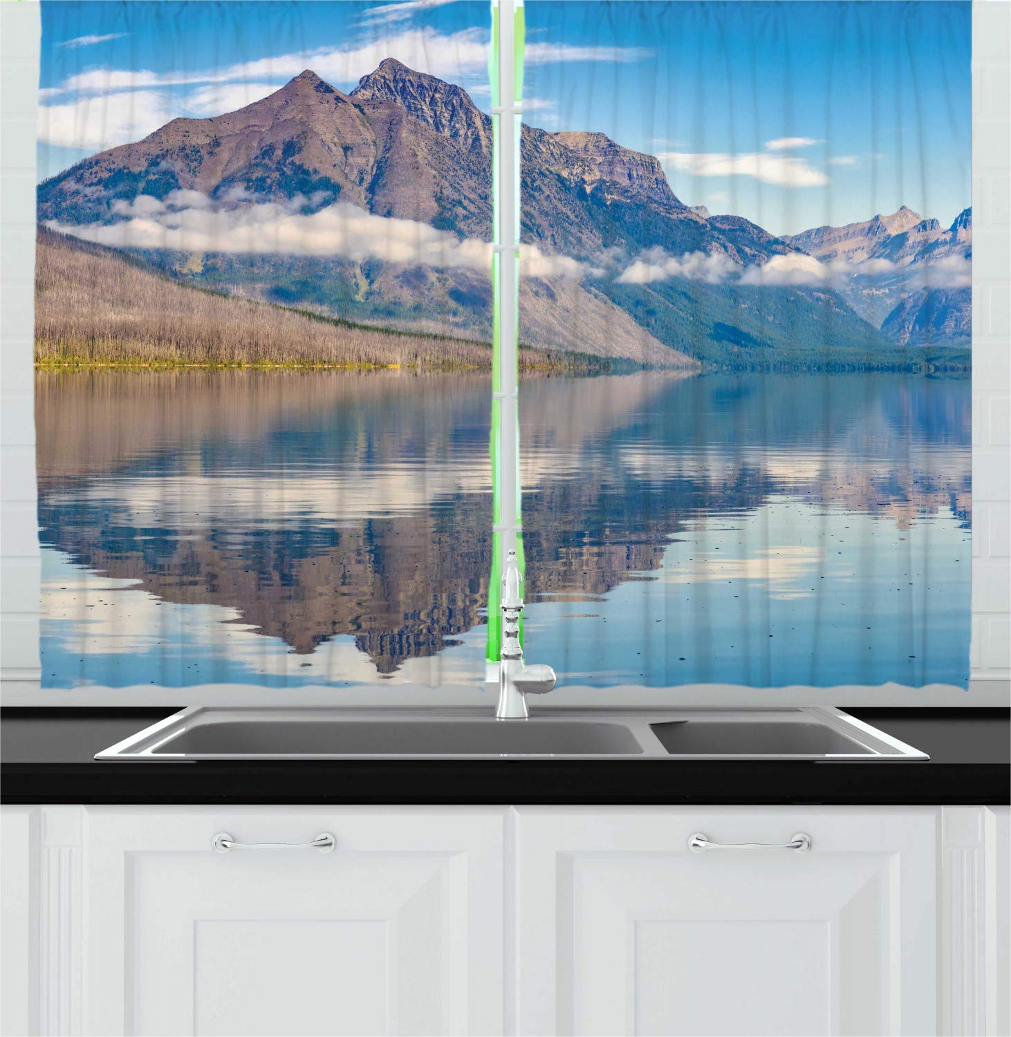 Ambesonne Glacier National Park Kitchen Curtains - Blue Tone Lake McDonald Clouds & Water Reflection Window Drapes, 2 Panel Set for Kitchen & Cafe Decor, 55
