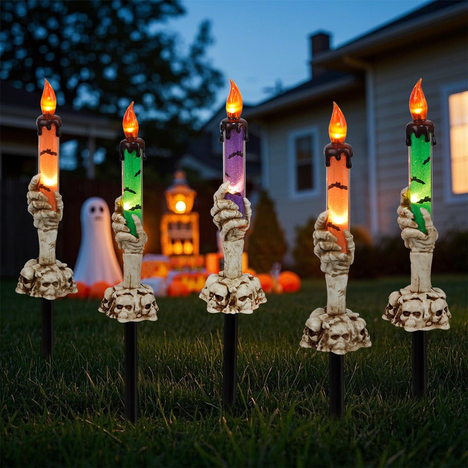 WaterGlide Halloween Candle Light Stakes - 5 Pack Skeleton Hand Pathway Markers with LED Candles | Waterproof Battery-Operated Outdoor Decor with Timer | Perfect for Halloween Yard, Garden, Party & Holiday Decorations