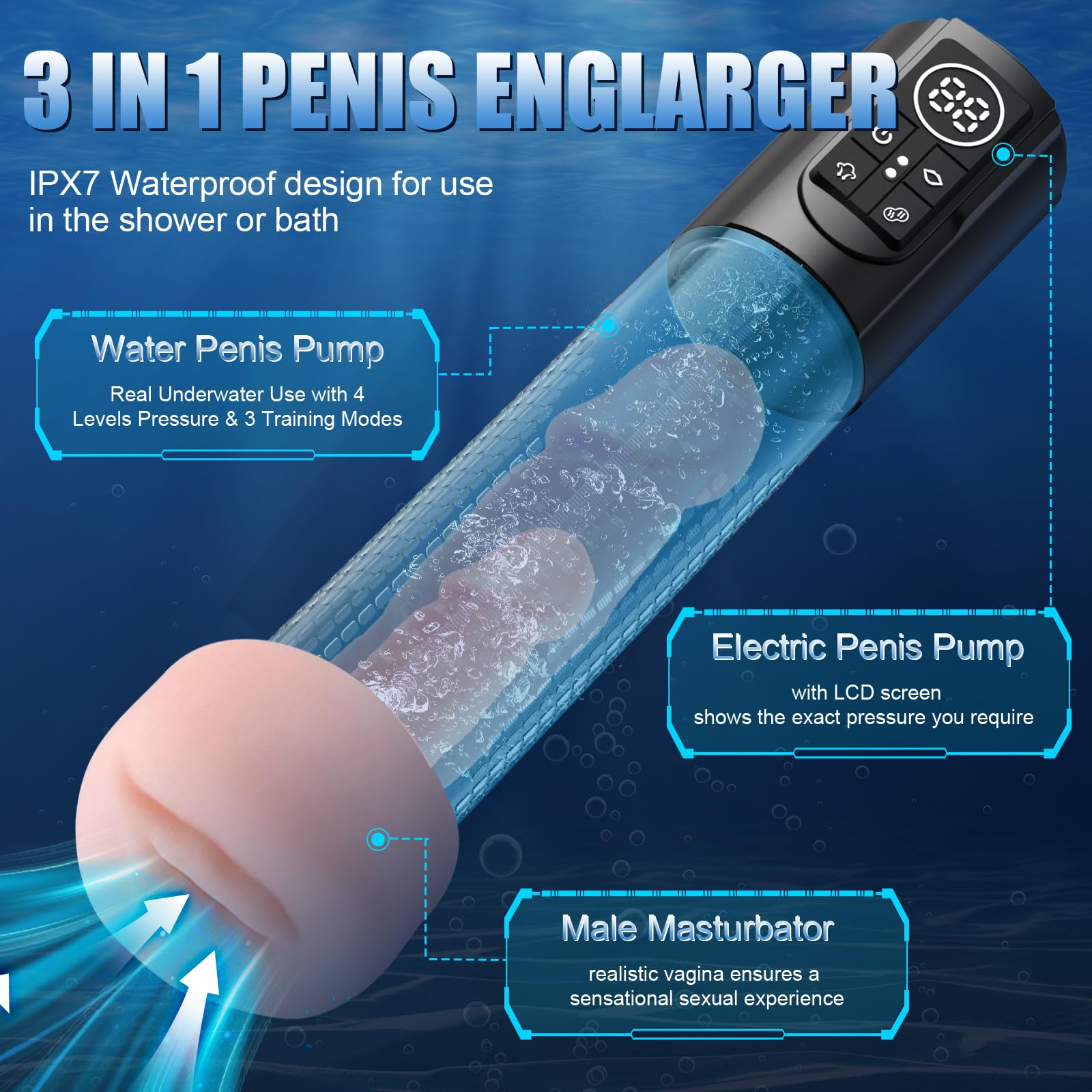 Electric Penis Pump for Men - 12 Smart Modes Waterproof Cock Enlargement Device with Extension Sleeve | Male Enhancement & Erection Aid | Perfect for Solo Play, Couples Use & Sexual Wellness