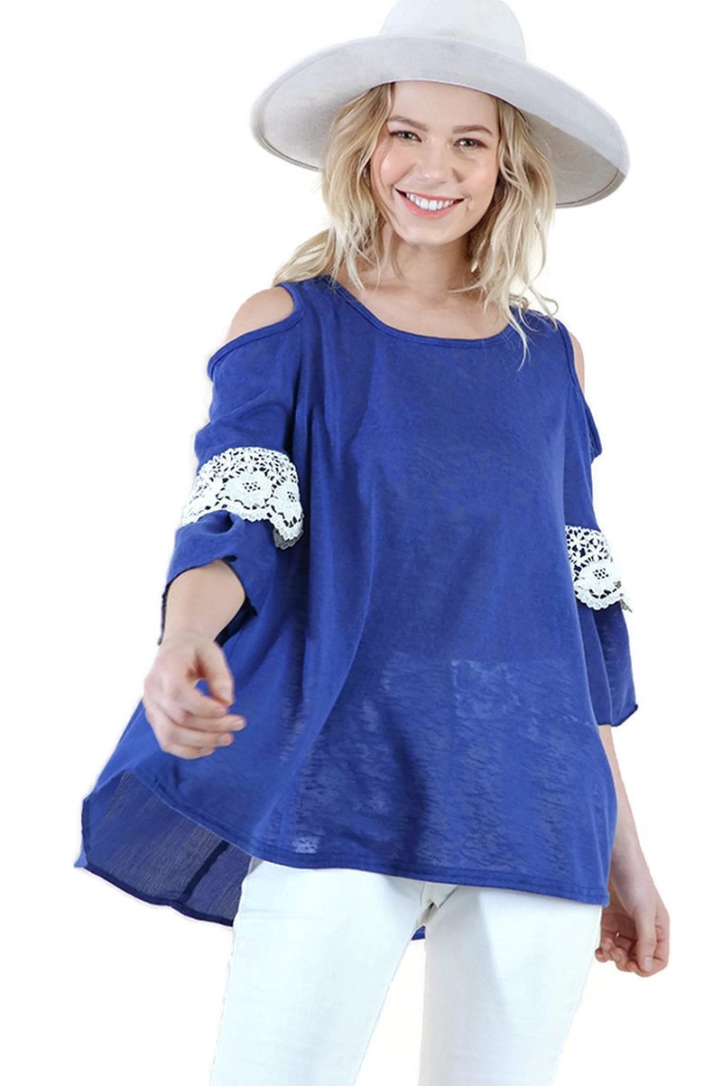 Umgee Women's Open Shoulder Layered Crochet Ruffle Sleeve Blouse | Boho Chic Summer Tops for Beach, Vacation & Casual Outings