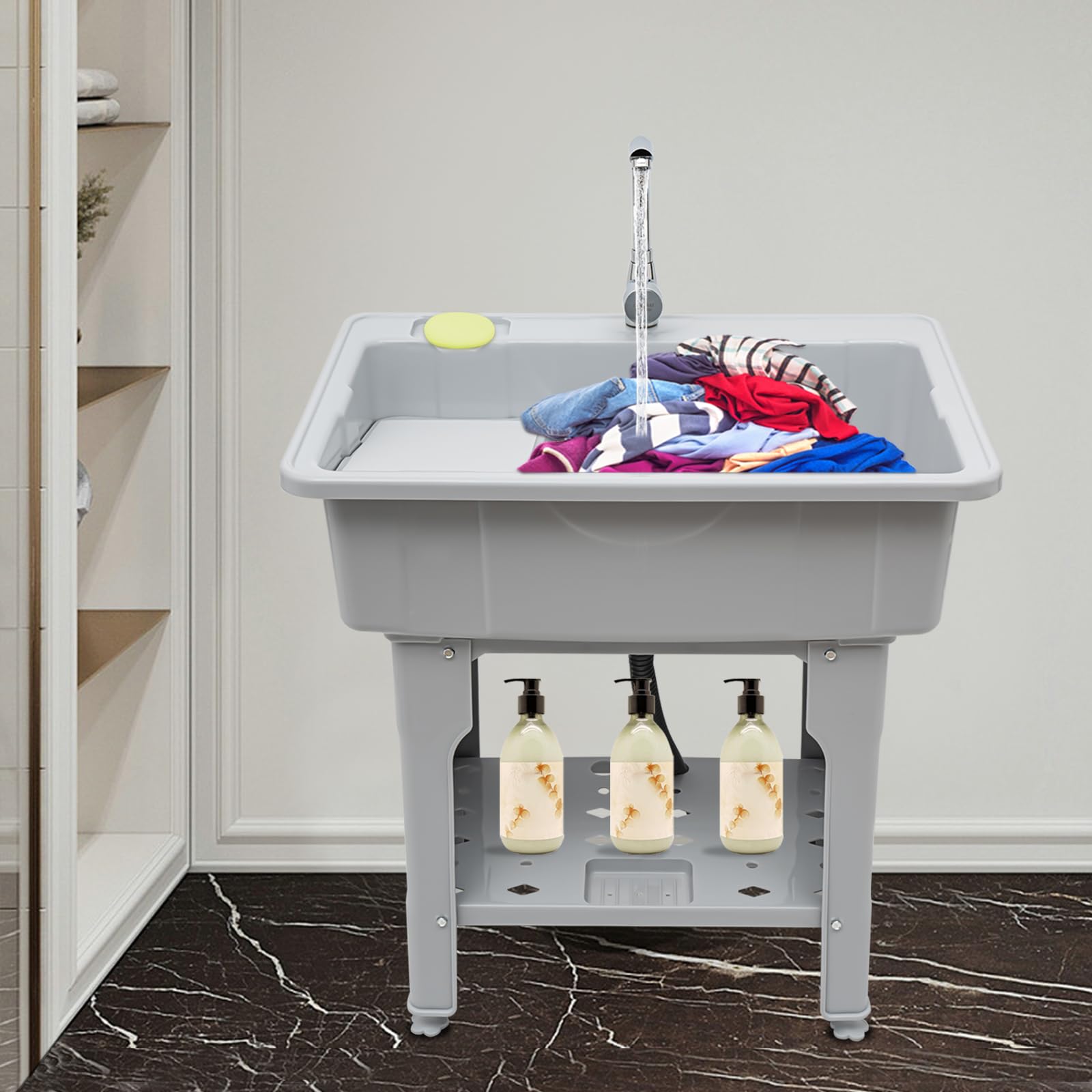 Gdrasuya10 Grey Plastic Utility Laundry Sink with Faucet - Heavy Duty Washing Station Tub for Laundry Room, Basement & Outdoor Use - Includes All Installation Kits - Perfect for Garden Cleaning, Pet Washing & Household Chores