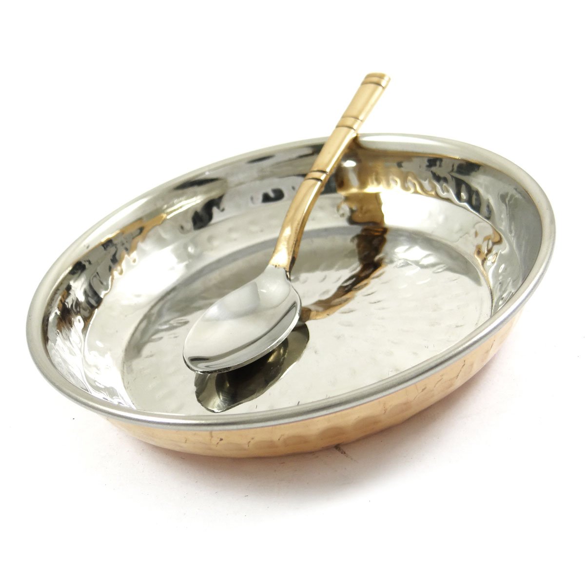 Authentic Indian Copper Steel Serving Plate with Spoon - Traditional Dinnerware Set for Home Dining, Parties & Festive Celebrations | Elegant Kitchen Utensils for Indian Cuisine & Cultural Events