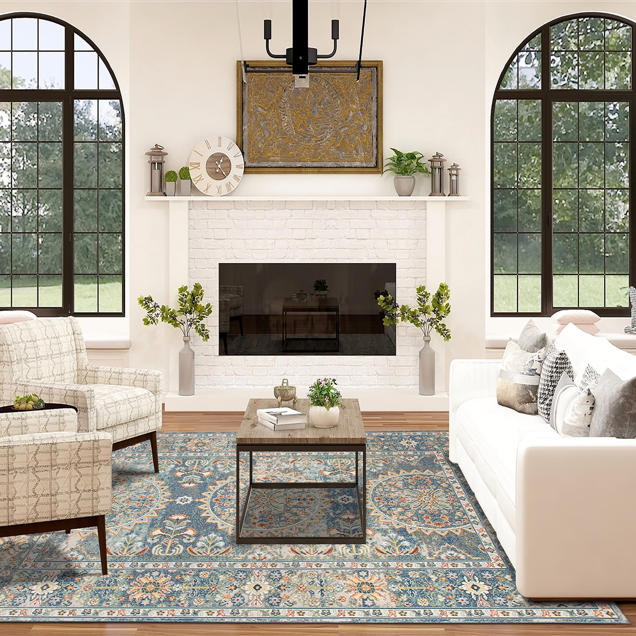 AMER Rugs Bohemian Marco Collection 5x7 Indoor/Outdoor Area Rug - Blue | Non-Slip Living Room, Bedroom, Dining Room & Kitchen Rug | Perfect for Boho Home Decor & High Traffic Areas