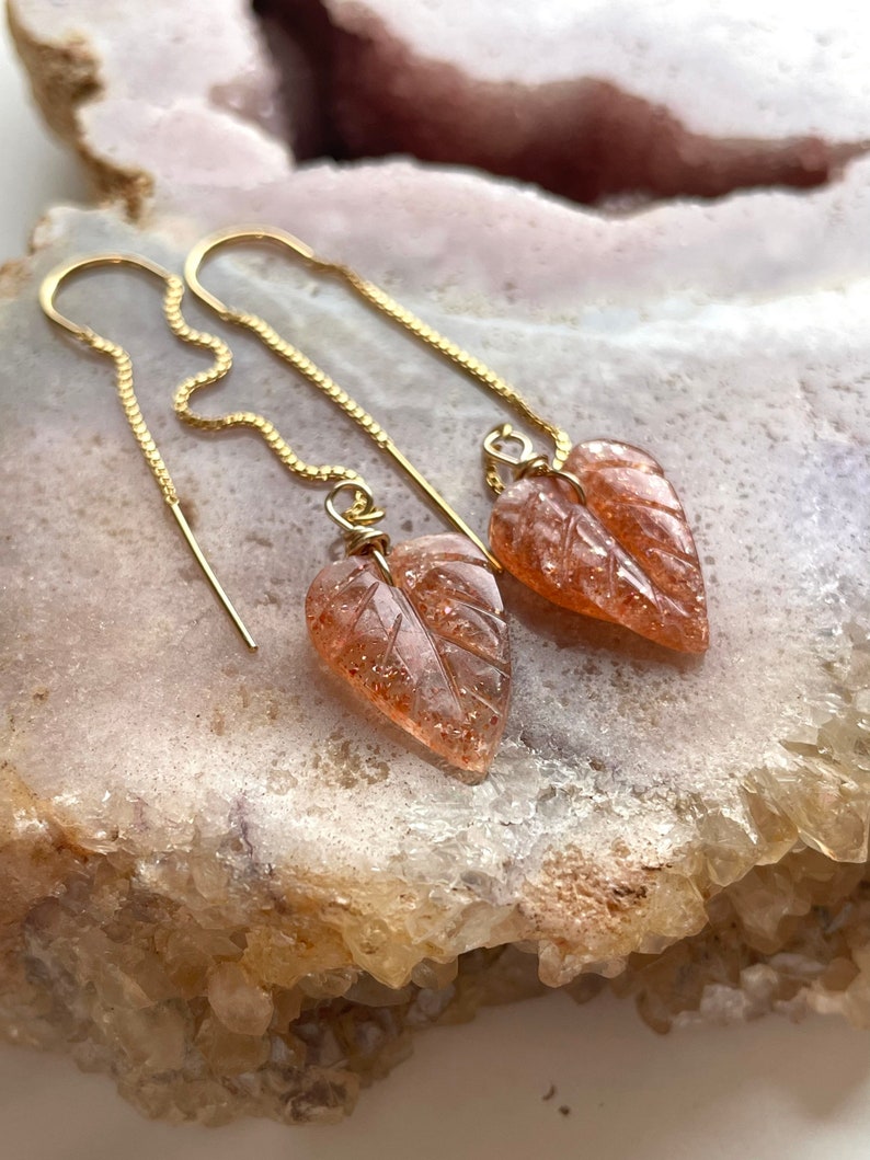 Orange Sunstone Gold Filled Statement Crystal Gemstone Threader Earrings for Women - Elegant Boho Chic Jewelry for Party, Wedding & Everyday Wear