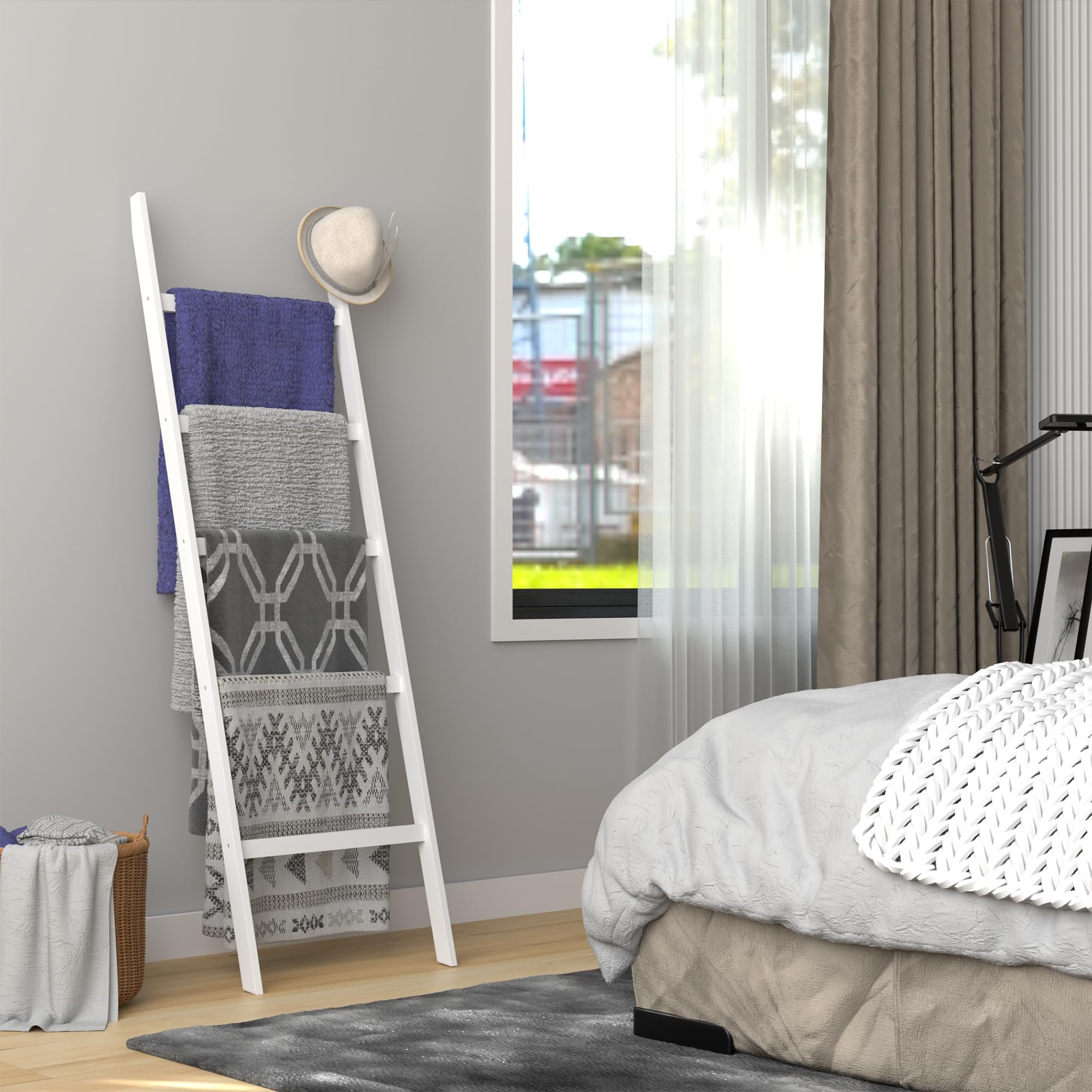 5-Tier Blanket Ladder with Anti-Slip Design - Decorative Towel Rack for Blankets, Quilts & Scarves | Space-Saving Storage Solution for Living Room, Bedroom & Bathroom | Rustic Farmhouse Home Decor (White) - Perfect for Cozy Blanket Displays & Bathroom Towel Organization