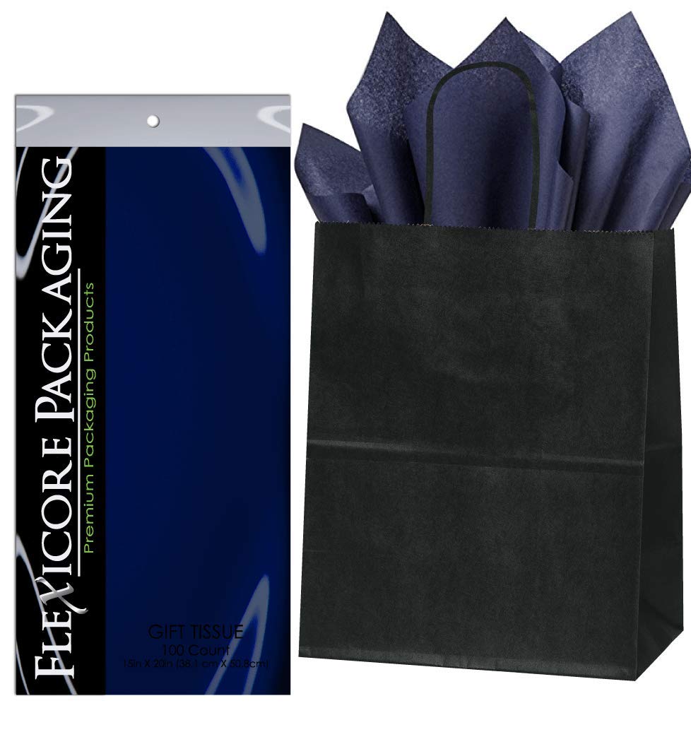 Premium Kraft Paper Gift Bags with Navy Blue Tissue Wrap - 8x4.75x10.5 Inches (50 Pack) - Eco-Friendly Party Favor Bags for Weddings, Birthdays & Holidays