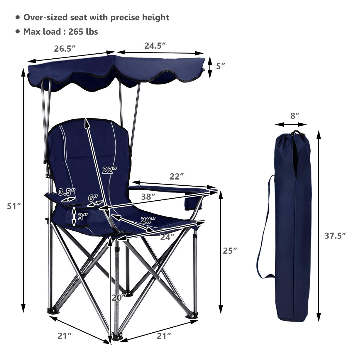 GYMAX Folding Camping Chair with Canopy - Heavy Duty Portable Outdoor Lawn Chair with Carry Bag & Cup Holder - Perfect for Camping, Beach, Picnic, Travel, and Outdoor Events