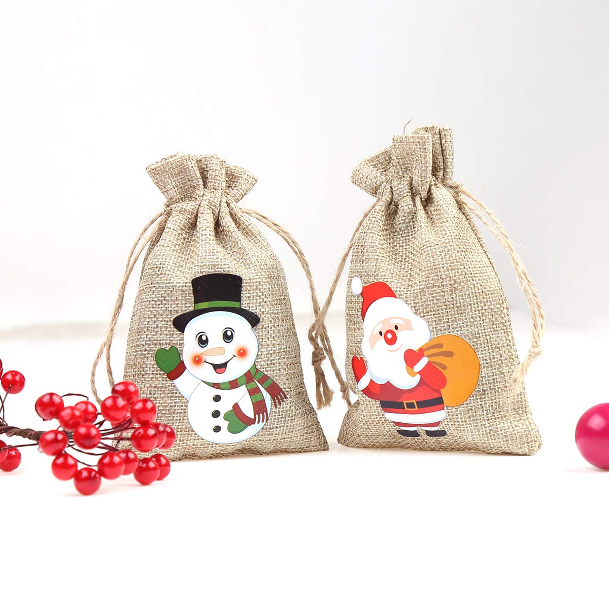 CCINEE 36-Piece Christmas Linen Gift Bags with Drawstrings - Set of 4 Festive Designs (Snowman, Santa, Penguin & Elk) - Reusable Burlap Goodie Bags for Holiday Party Favors, Candy, Treats & Small Gifts