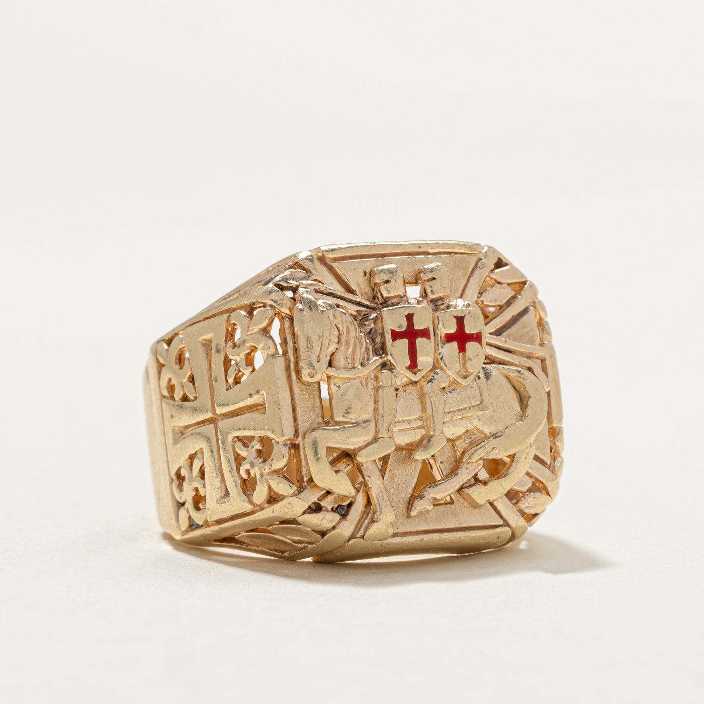 10K Yellow Gold Two Knights Templar Ring for Men - Size 9.25 - Medieval Crusader Jewelry - Perfect for Historical Reenactment, LARP & Gift Giving