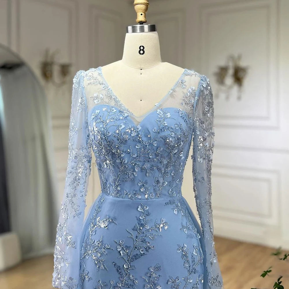 Elegant Blue Mermaid Evening Dress with Beaded Train - Luxury Arabic Wedding Gown for Women - Perfect for 2025 Bridal Party & Formal Events - Serene Hill Collection LA71851