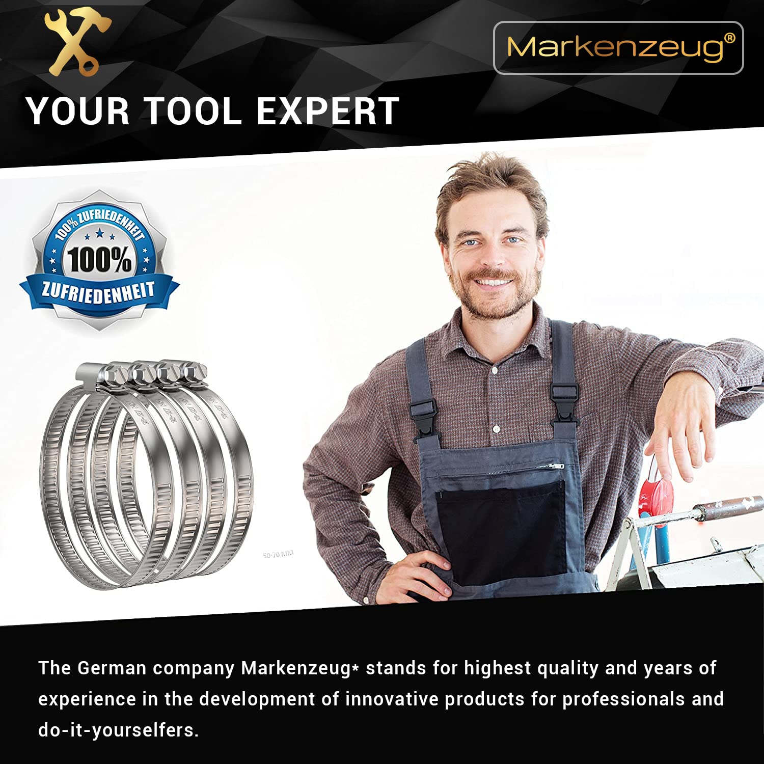 MARKENZEUG® Stainless Steel Hose Clamps Set - 10 Pcs Rustproof Pipe Clamps (16-27mm) for Washing Machine, Pool, Car & Plumbing - Heavy Duty Screw Clamps for Secure Water Hose Connections