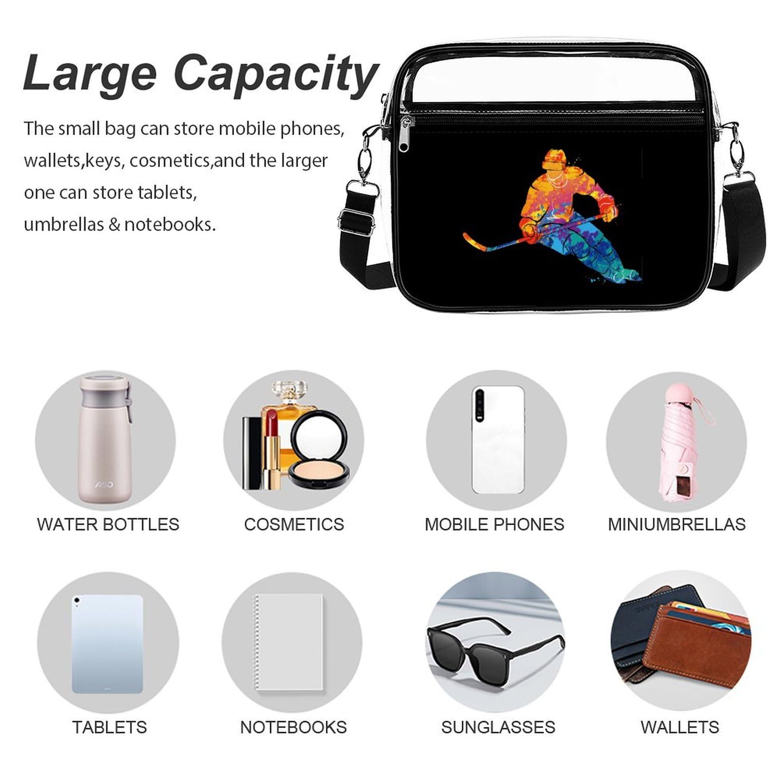 Clear Hockey Stadium Bag - Waterproof Shoulder Messenger Bag with 2 Compartments & Crossbody Strap | Perfect for Sports Games, Concerts & Travel (Complies with NHL Arena Bag Policies)