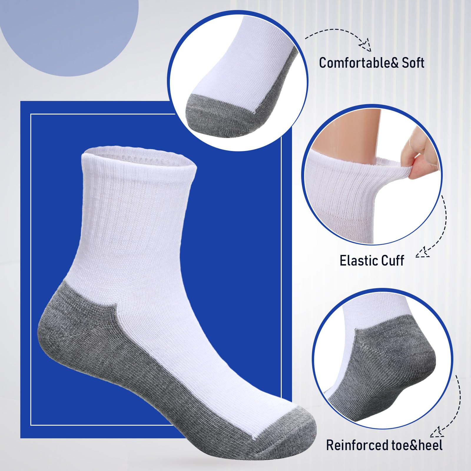 Ramede 100 Pairs Kids Socks - Boys & Girls Crew Cushioned Ankle Socks - Soft Ribbed Athletic Socks for Children (White & Gray, Size 9-12 Years) - Perfect for School, Sports & Daily Wear