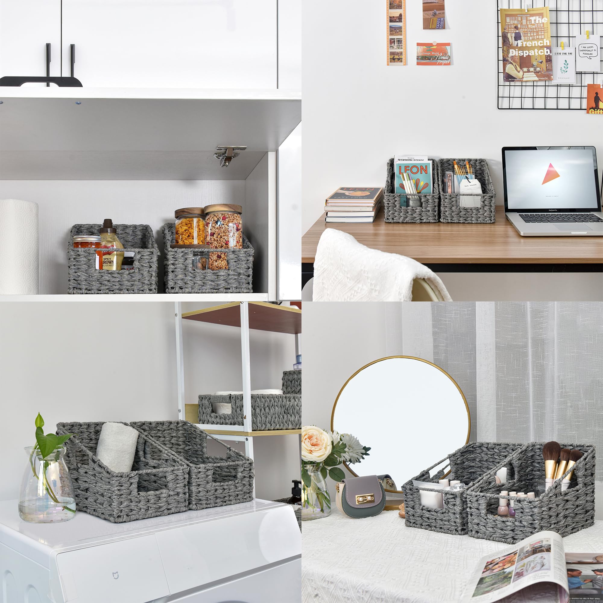 Odorless Waterproof Woven Wicker Basket with Handles - 2-Pack Ash Gray Trapezoid Storage Baskets for Organizing Books, Photos & Home Decor | Perfect for Living Room, Bedroom & Bathroom Organization
