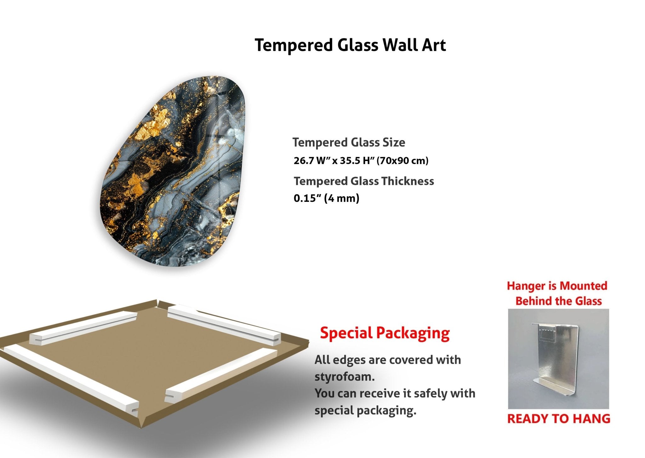 Modern Asymmetrical Oval Glass Wall Art with Black & Gold Accents - Elegant Home Decor for Living Room, Bedroom, or Office