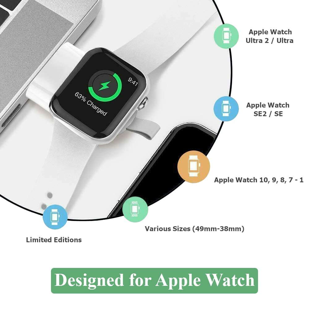 Compact Magnetic Wireless Charger for Apple Watch Series Ultra 2/Ultra/SE2/SE/10/9/8/7/6/5/4/3/2/1 - Fast USB Charging Pad with LED Indicator | Perfect for Travel, Office & Nightstand Charging