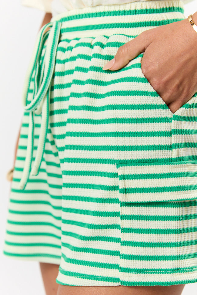 Women's Green Striped Ribbed Knit Shorts - Comfortable High Waisted Stretchy Summer Shorts for Casual Wear, Beach, Yoga & Lounge