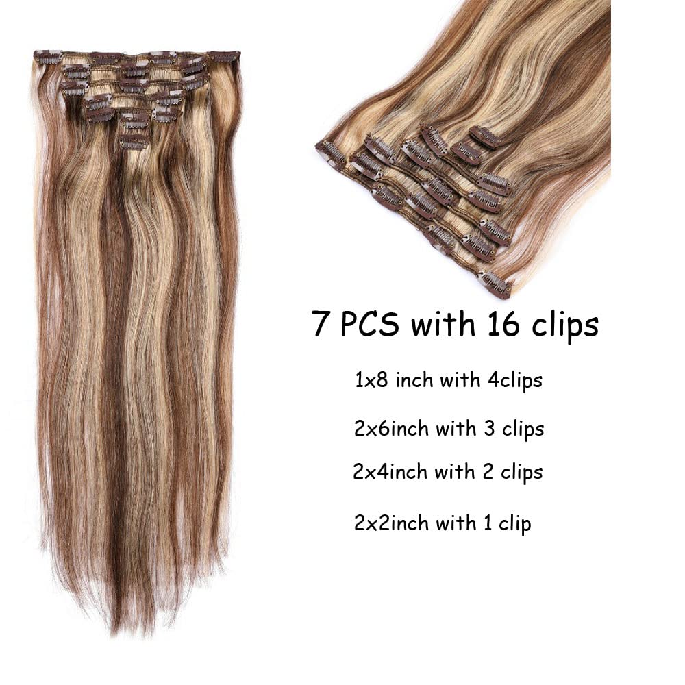 20 Inch Clip-in Human Hair Extensions - 7pcs Balayage Chocolate Brown to Caramel Blonde Highlights | 70g Remy Real Human Hair | Silky Straight & Soft | Perfect for Daily Styling, Parties & Special Occasions