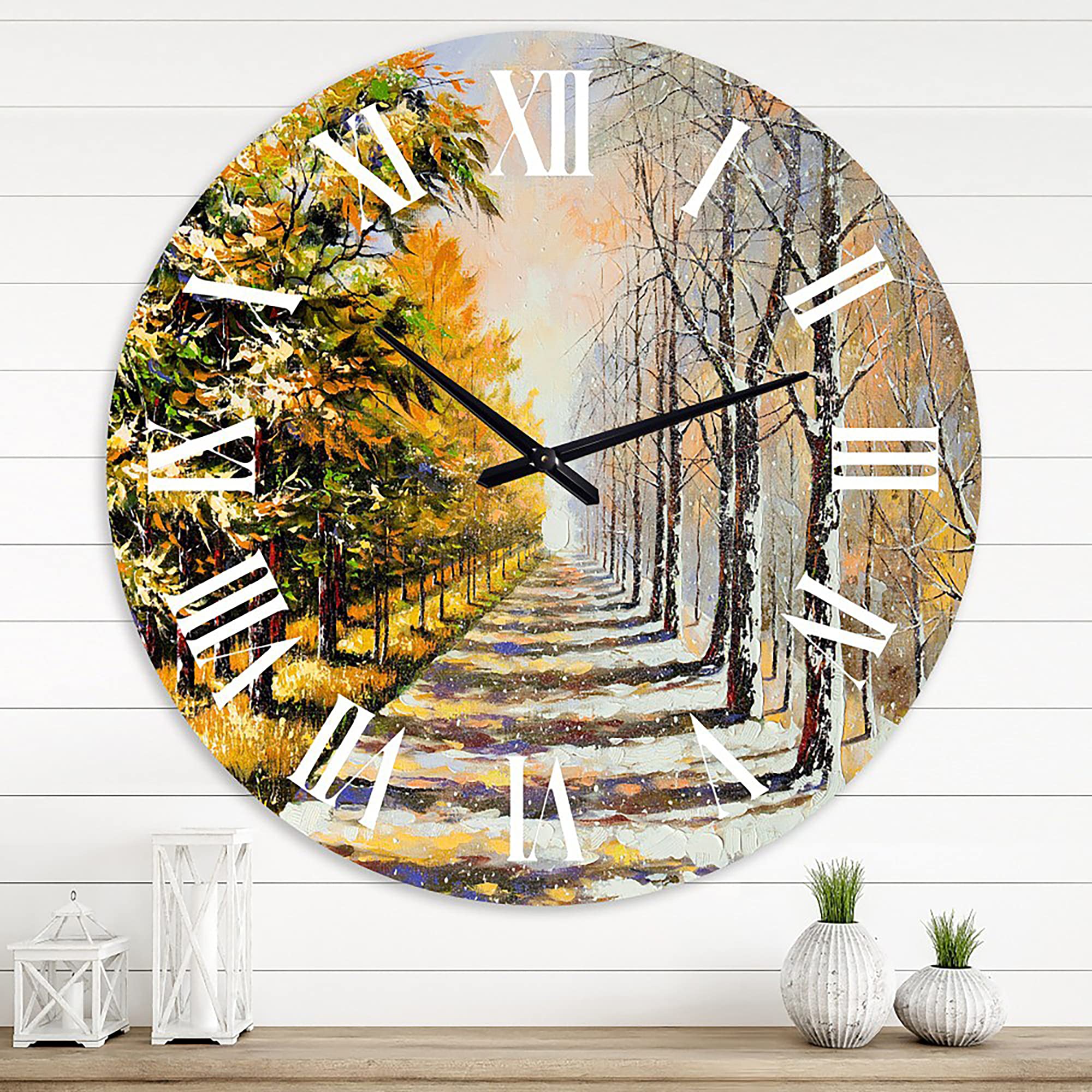 DesignQ Traditional Wall Clock - 'Allegory of Winter and Autumn' Landscape Nature Art, Large Decorative Clock for Living Room, Bedroom & Office | Perfect Home Decor Gift for Housewarming & Holidays