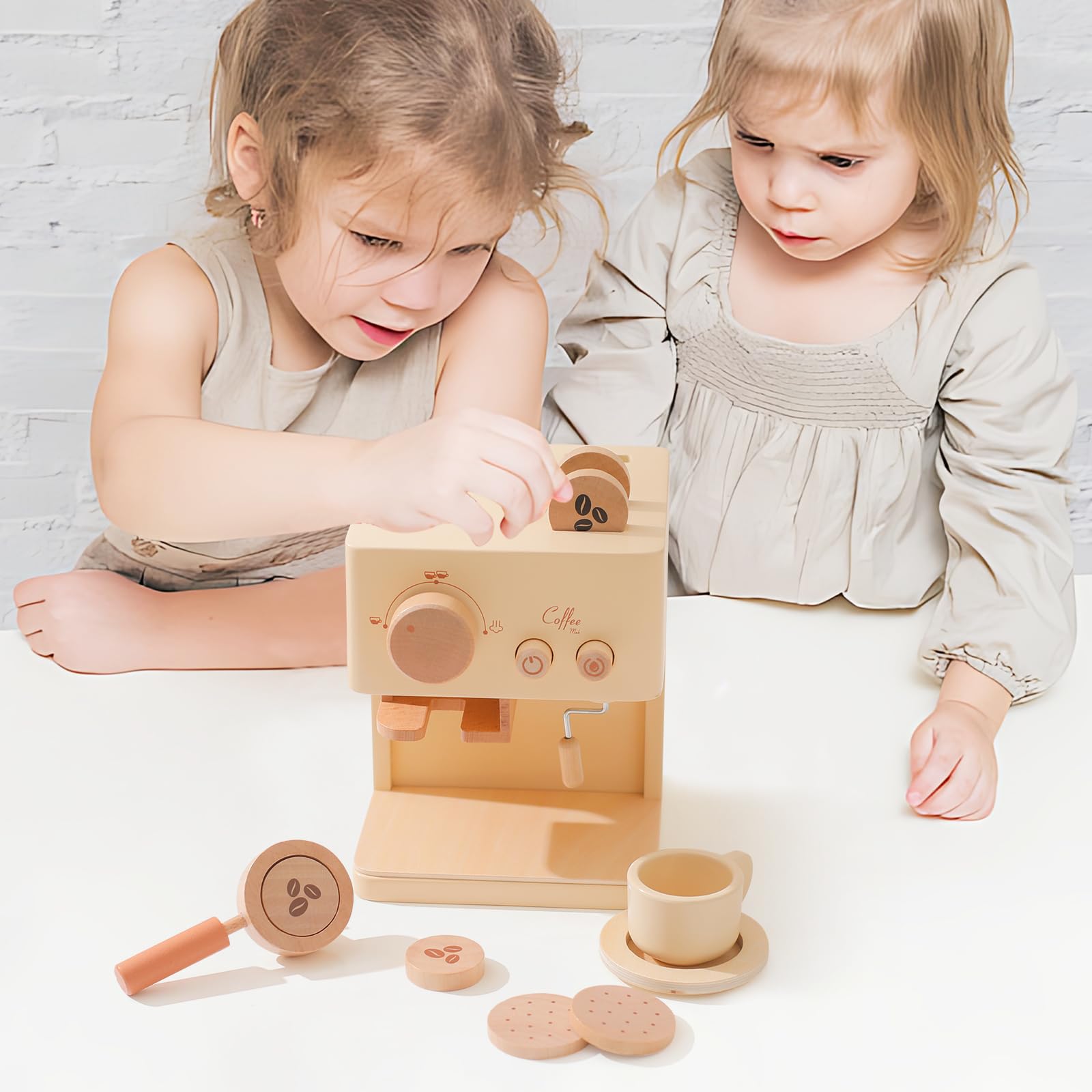 ibwaae Kids Coffee Maker Toy Set - 10Pcs Wooden Pretend Play Kitchen Accessories with Play Food for Toddlers | Pretend Barista & Cooking Role Play for Boys & Girls | Perfect for Birthday Gifts & Early Learning Development