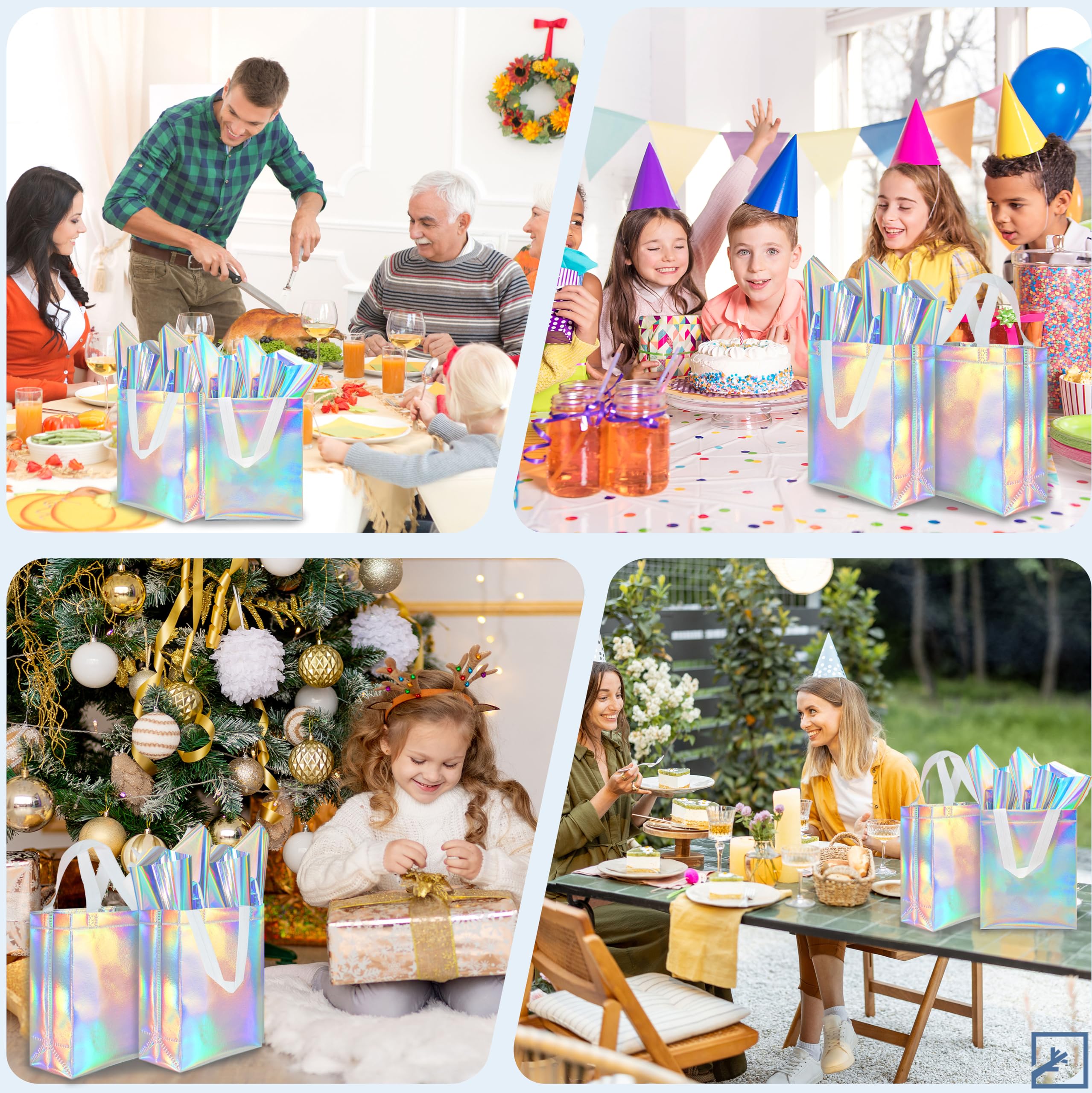 ZIFTY 15 Pcs Reusable Large Gift Bags with Handles - Bulk Non-Woven Goodie Bags with 30 Holographic Tissues for Easter, Birthday, Wedding & Holiday Party Favors (8