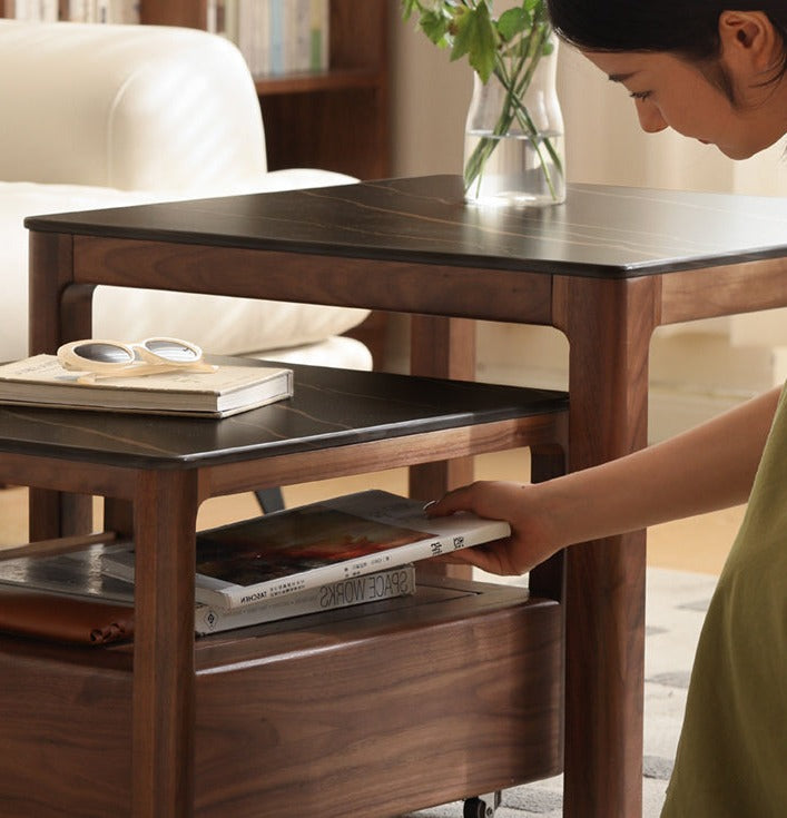 Modern Black Walnut Solid Wood TV Stand with Slate Top - Perfect for Living Room, Home Theater & Entertainment Center Storage