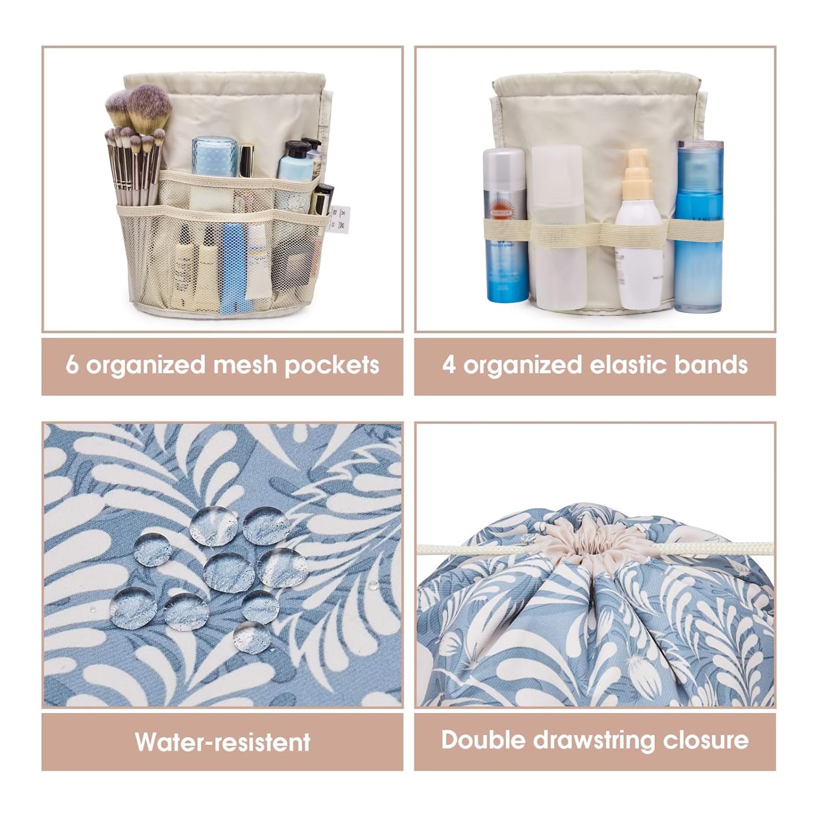 Waterproof Large Drawstring Makeup Bag for Women - Travel Cosmetic Organizer with Barrel Design (Blue Leaf Pattern) | Perfect for Gym, Beach & Weekend Getaways