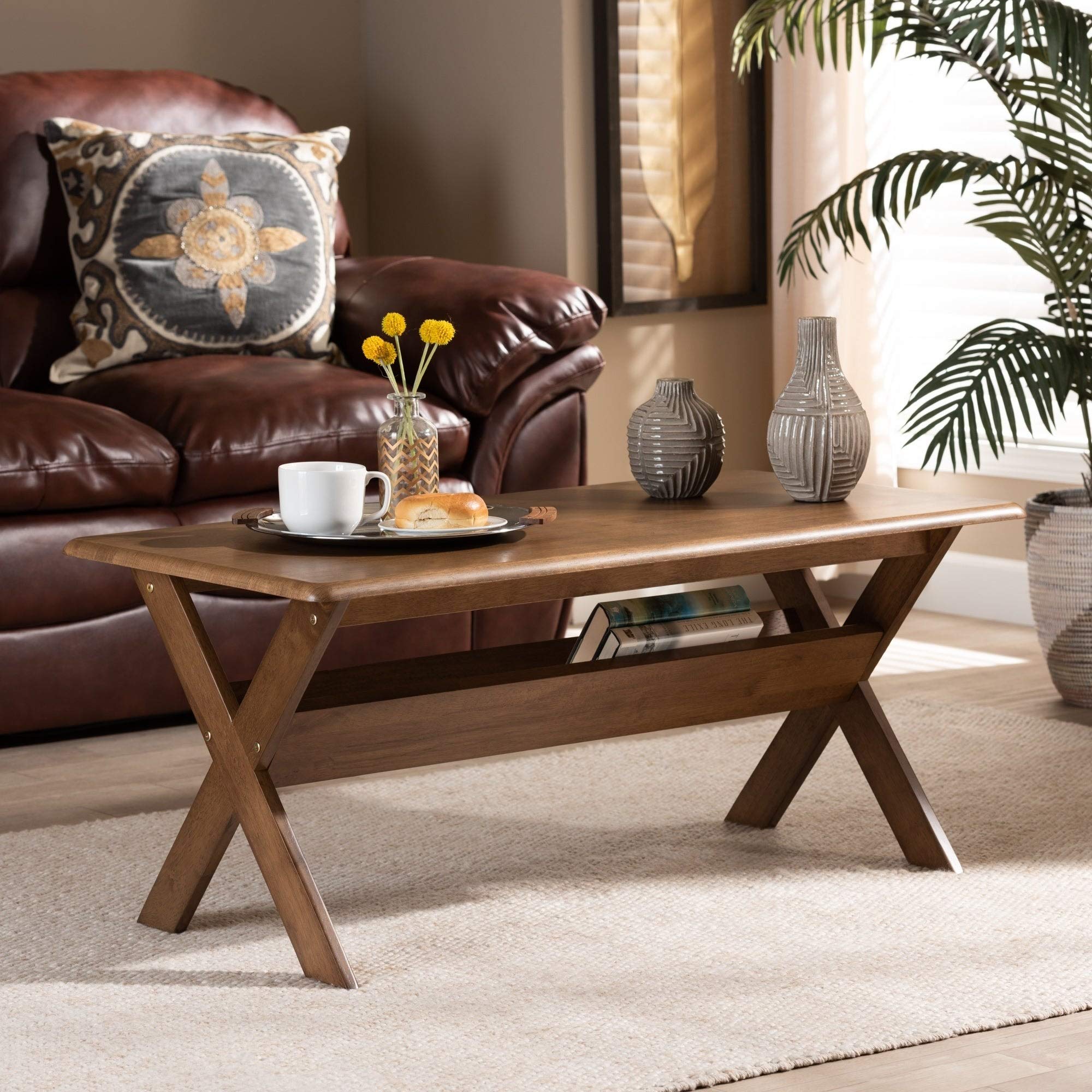 Modern Transitional Walnut Wood Coffee Table - Brown Rectangle Contemporary Finish for Living Room, Lounge & Home Decor