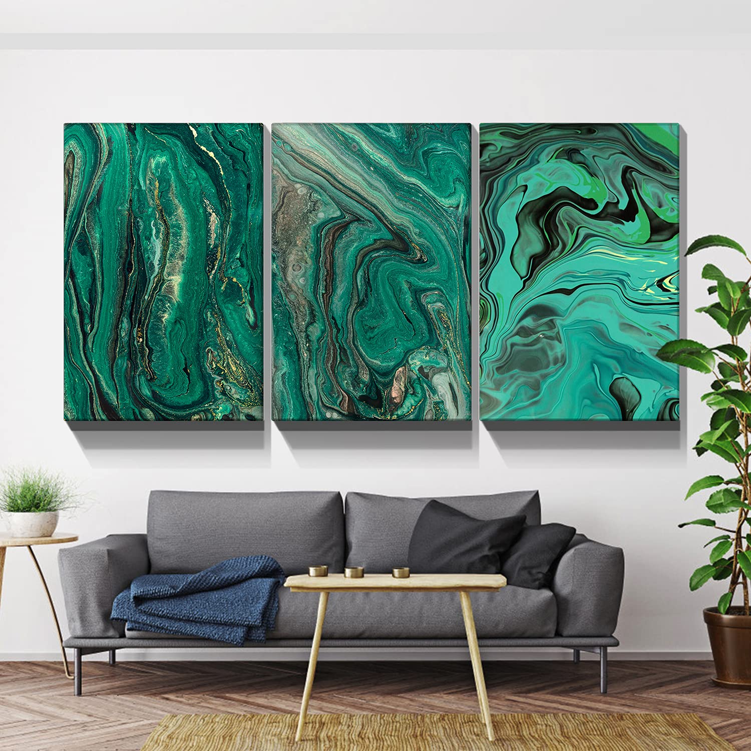 Looife Abstract Canvas Wall Art Set of 3 - 24x36 Inch Teal Oil Painting Prints, Modern Home Decor for Living Room & Bedroom - Ready to Hang
