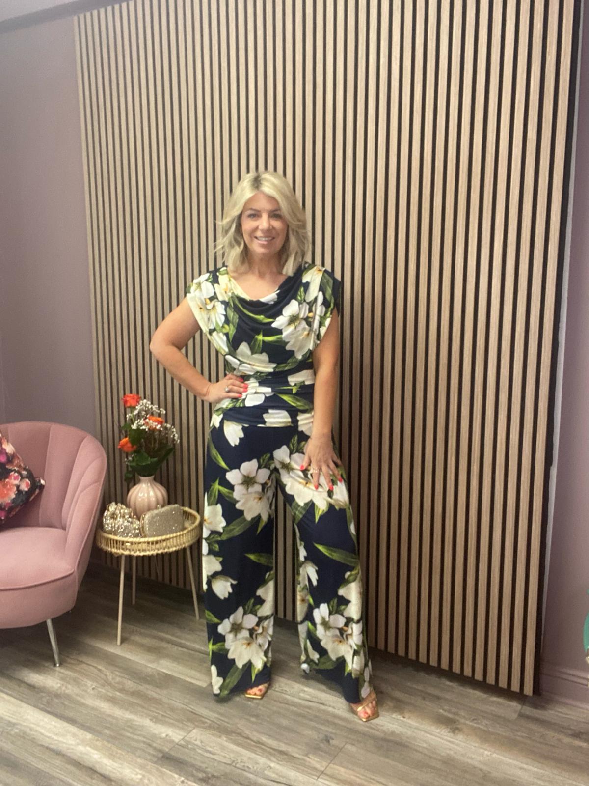 Carbon Jersey Jumpsuit - Navy & Lily Print - Stylish & Comfortable One-Piece Outfit for Women - Perfect for Casual Wear, Work, and Travel
