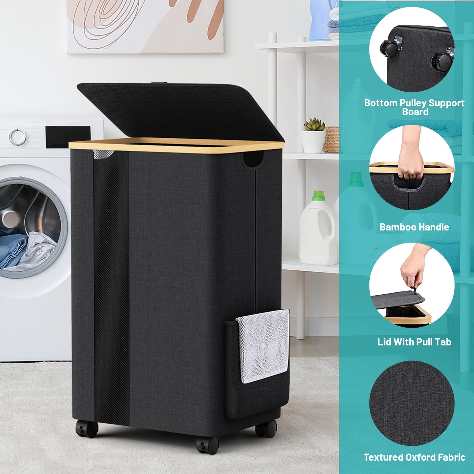 BlissTotes 75L Slim Laundry Hamper with Wheels & Lid - Collapsible Laundry Basket with Internal Support & Handles for Bathroom, Bedroom, Dorm - Perfect for Space Saving & Easy Clothes Storage (Gray)