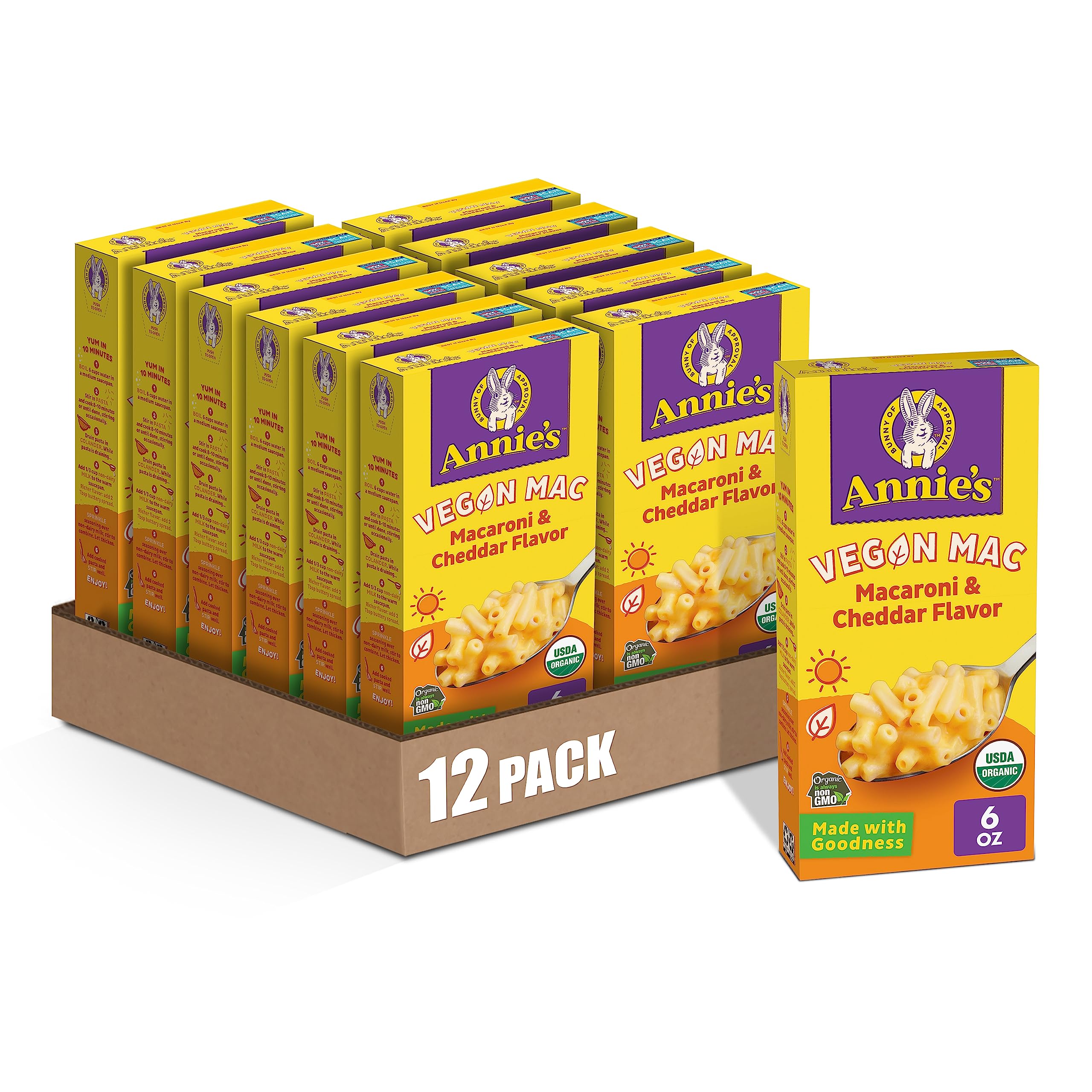 Organic Vegan Mac and Cheese - Annie's Cheddar Flavor Pasta & Sauce, Plant-Based Dinner, Side Dish or Snack, 6 oz (Pack of 12) | Quick Easy Meals, Kids Lunch Box, College Dorm Food, Healthy Comfort Food