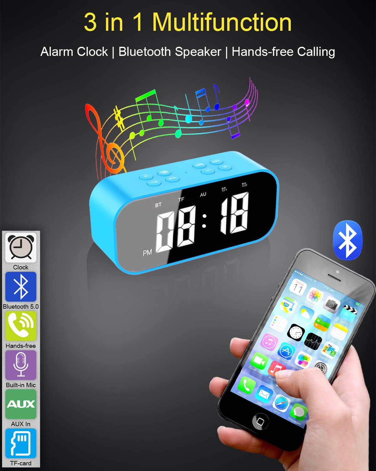 AFK Digital Alarm Clock with Bluetooth Speaker - Dual Alarms, Snooze & Dimmable LED Display | Bedside Desk Clock for Home, Office & Travel | Perfect for Nightstands, Dorms & Gift Giving