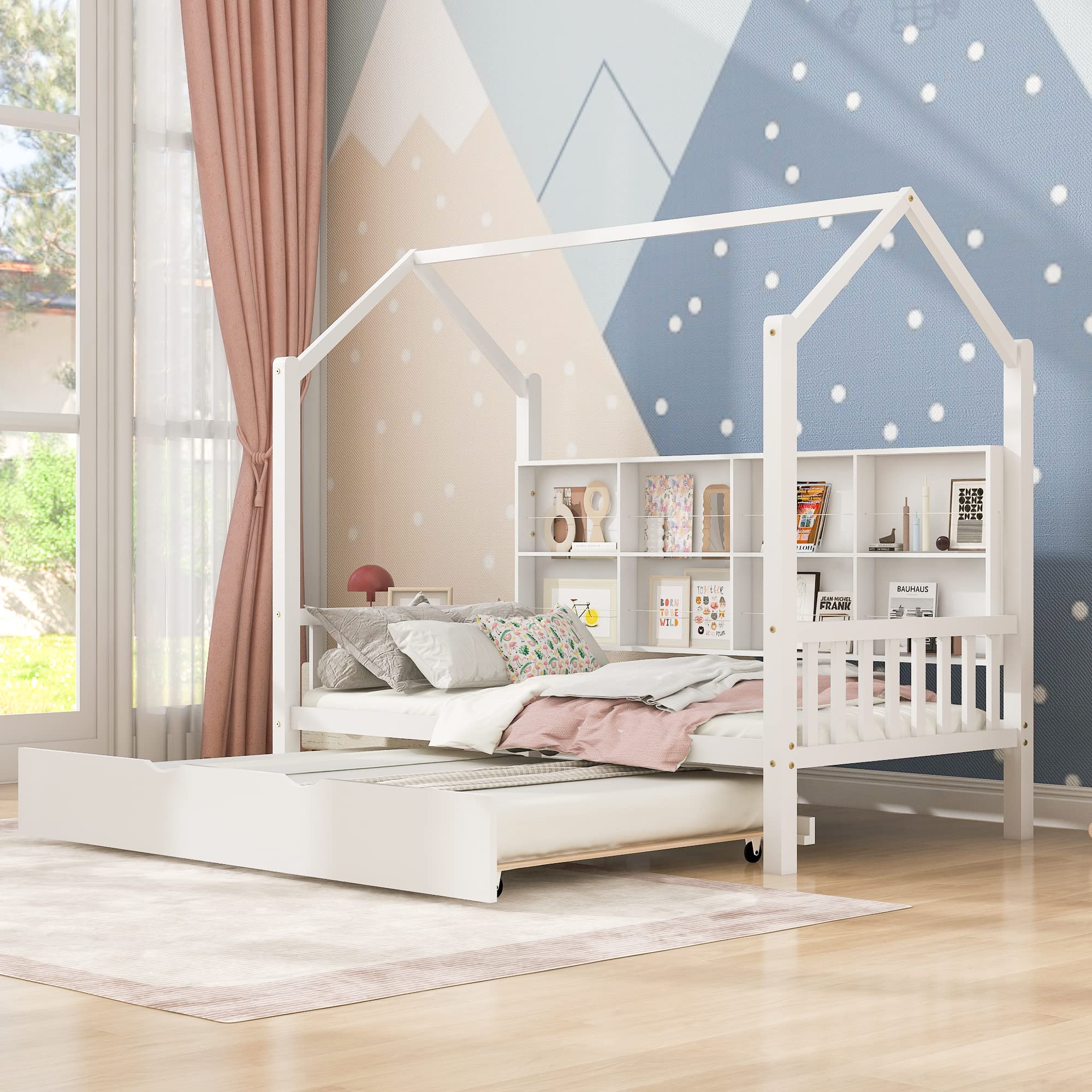 Polibi Twin Size Wooden House Bed with Trundle - 8 Storage Shelves, Roof, Headboard & Footboard - Kids Playhouse Bed for Bedroom & Playroom - Perfect for Sleepovers & Imaginative Play