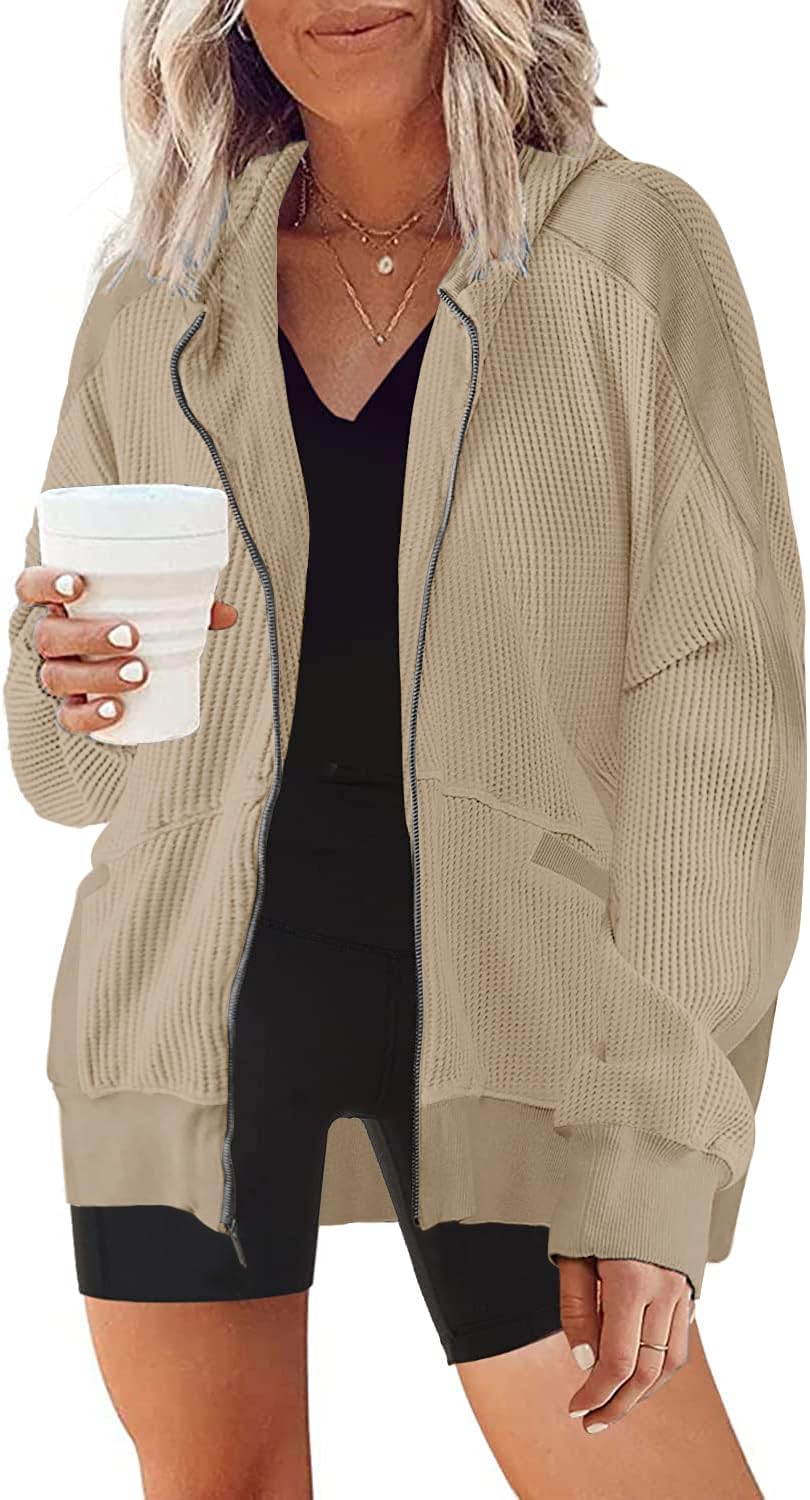 Women's Oversized Waffle Knit Zip Up Hoodie Jacket - Long Sleeve Shacket Blouse with Pockets | Casual Loungewear & Streetwear Fashion