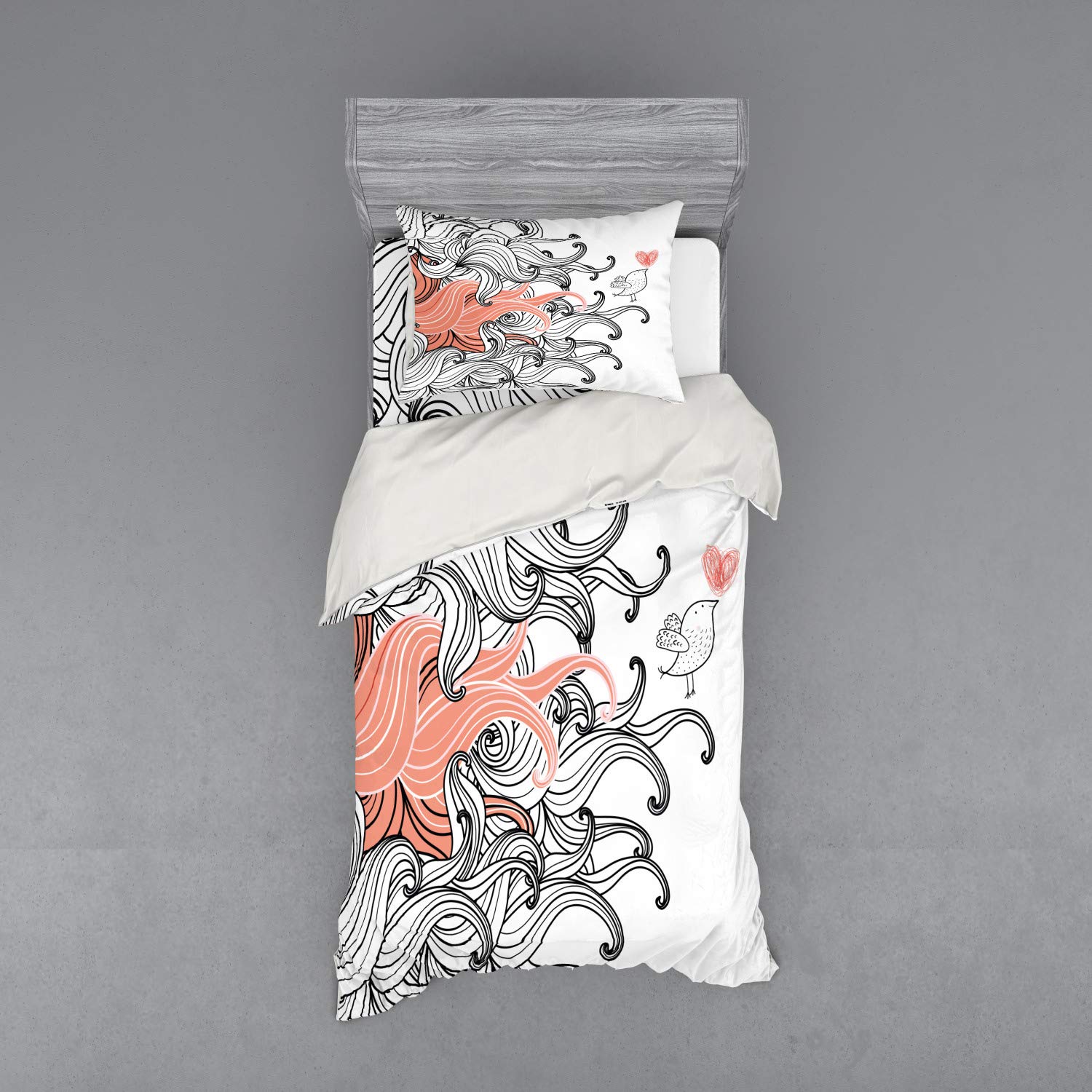 Ambesonne Modern 3-Piece Twin XL Bedding Set - Minimalist Swirls Wave Pattern with Birds & Hearts, Coral Black & White Duvet Cover, Sham & Fitted Sheet | Perfect for Contemporary Bedrooms & Guest Rooms