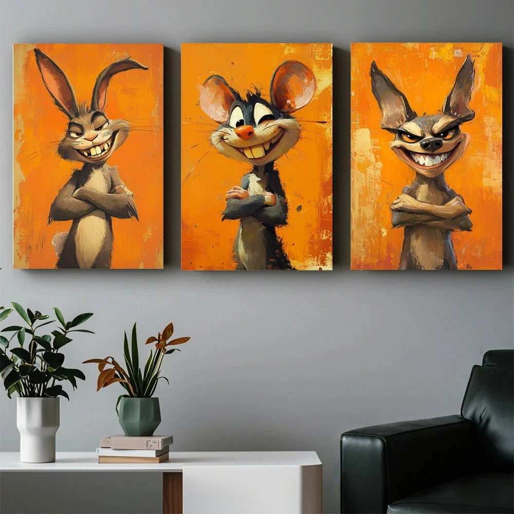 3-Piece Abstract Animal Themed Metal Wall Art - Ready to Hang Mouse Prints for Living Room, Bedroom & Office Decor