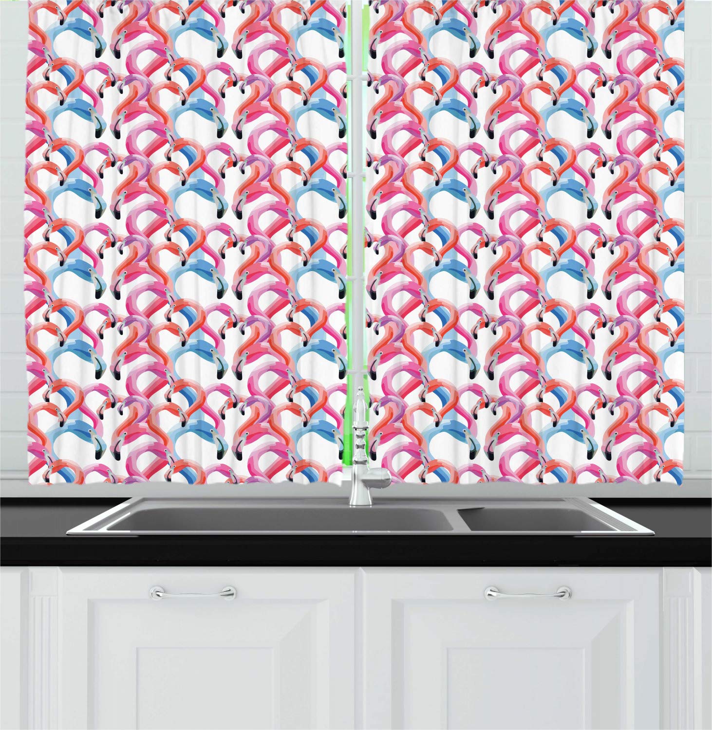 Ambesonne Flamingo Kitchen Curtains - Watercolor Pastel Tropical Birds Design, 2 Panel Set for Window Drapes (55