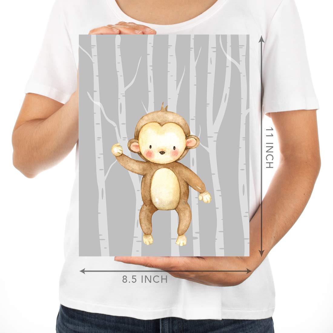 Jungle Safari Theme Nursery Wall Art - 6-Pack Unframed Posters (8.5x11 Inch) with Lion, Zebra, Giraffe, Elephant & Monkey Graphics - Blue Gray Trees Design - Perfect for Kids Room Decor & Baby Shower Gifts