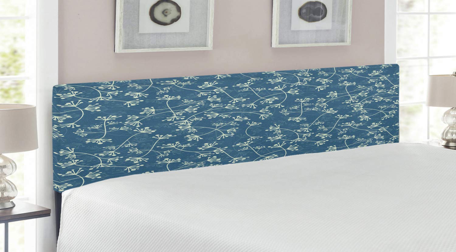 Ambesonne Floral Headboard - King Size Upholstered Metal Bed Headboard with Memory Foam, Nature-Inspired Twiggy Plants & Petals Spring Design in Pale Green Slate Blue | Perfect for Bedroom Decor, Guest Rooms & Master Suites