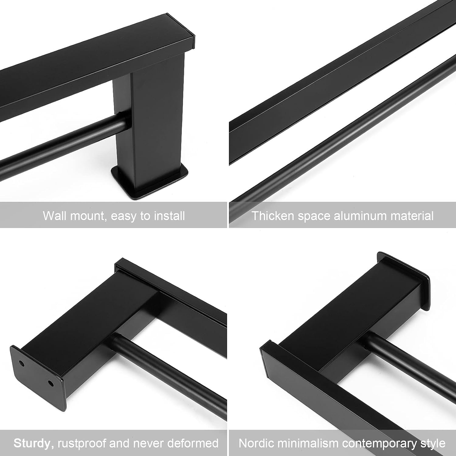 NearMoon 16 Inch Matte Black Double Bath Towel Bar - Premium Thickened Space Aluminum Square Shower Towel Rack for Bathroom & Kitchen - Wall Mounted Towel Holder (Perfect for Small Spaces, Modern Homes & Spa-Style Bathrooms)