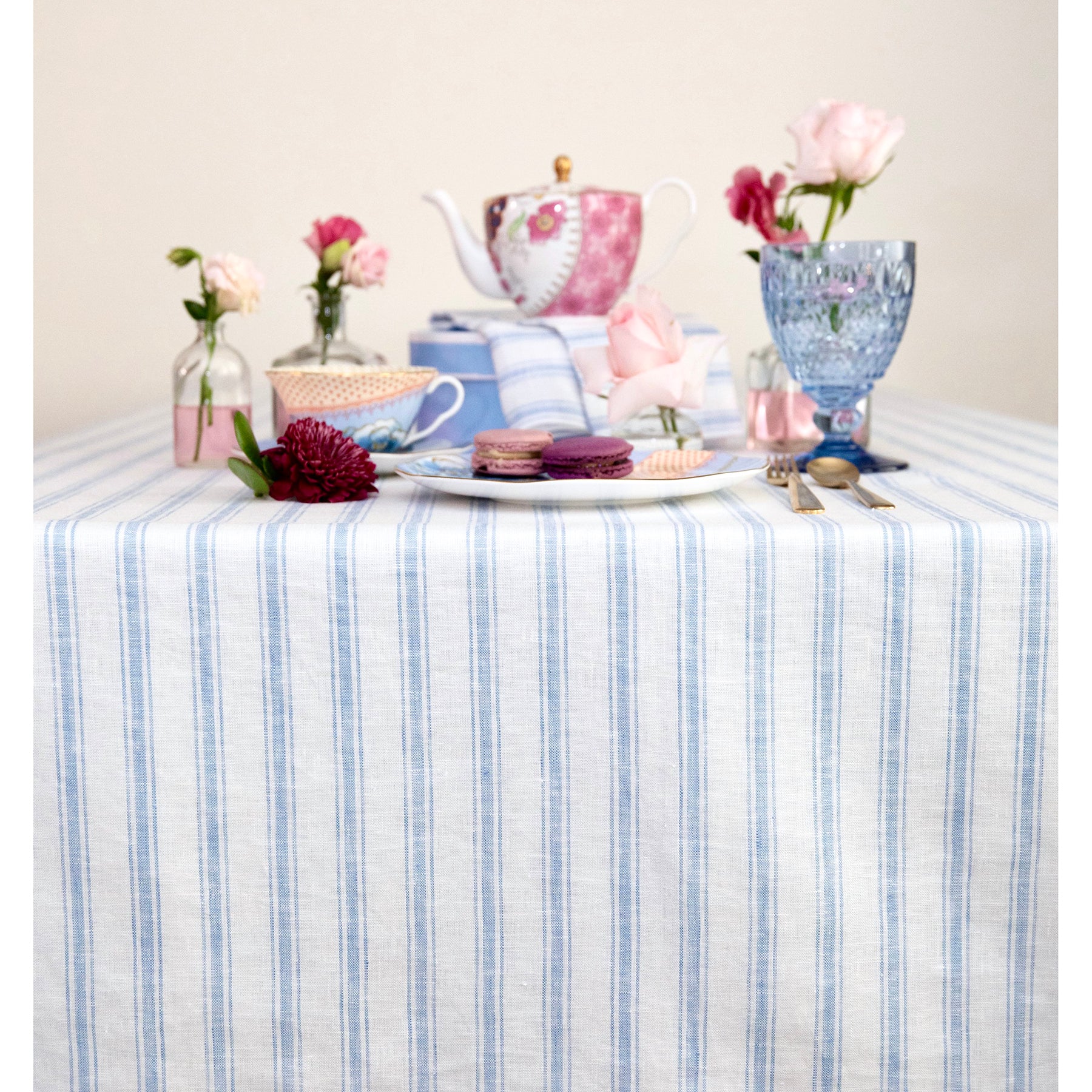 Stylish Capri Ticking Stripe Tablecloth - Waterproof & Washable Cotton Table Cover for Dining Room, Kitchen, and Outdoor Picnics