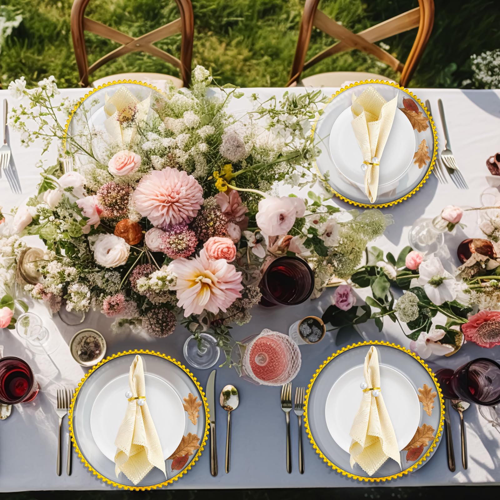 50-Pack Clear & Gold Beaded Plastic Charger Plates 13 Inch with Napkin Rings - Acrylic Round Dinner Plates for Wedding, Party & Special Events - Elegant Table Decor for Formal Dining & Celebrations