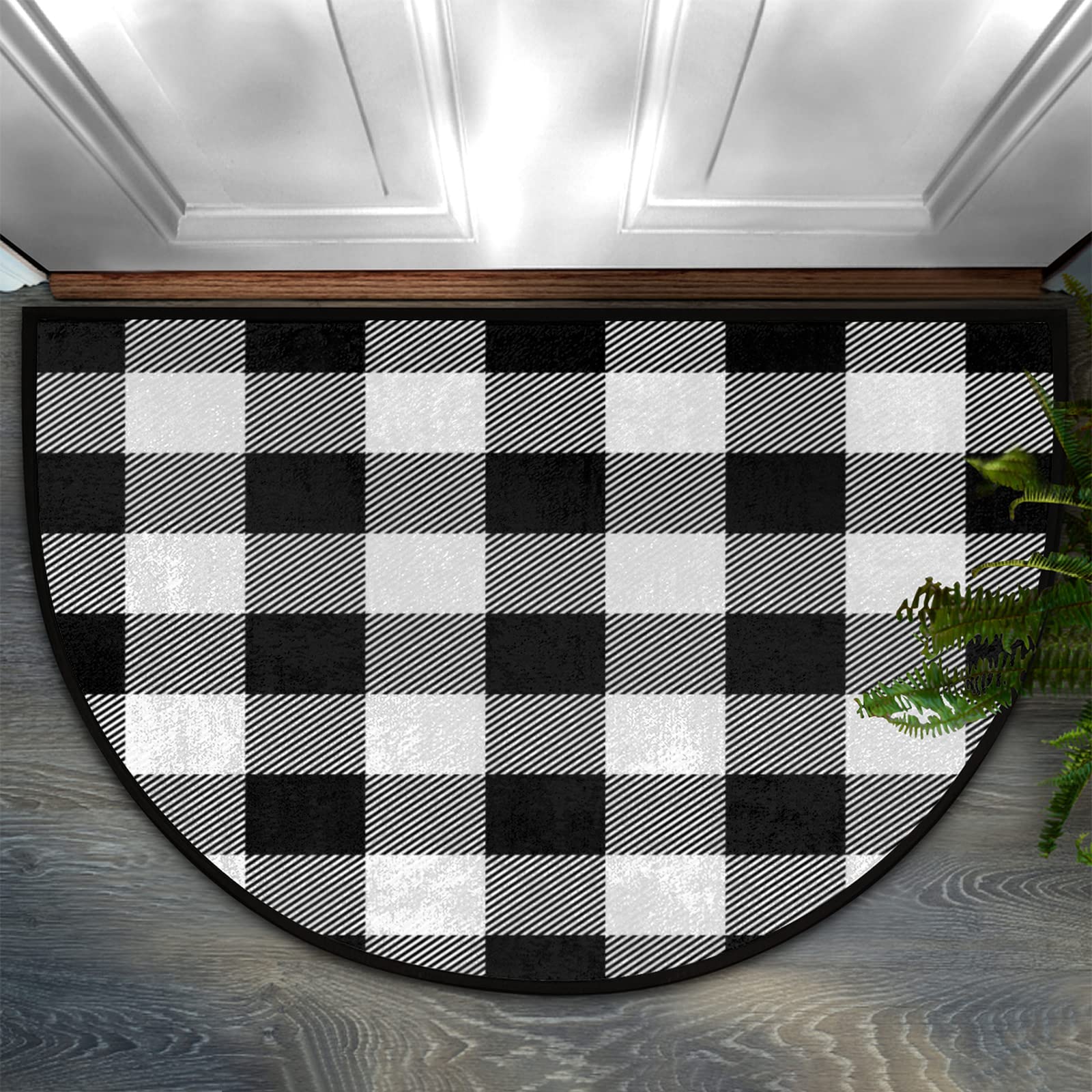 AUUXVA Half Round Door Mat - Non-Slip Buffalo Plaid Black Grey Welcome Rug for Indoor/Outdoor Use (36x24 Inch) - Perfect for Entryway, Porch, Patio & Home Decor