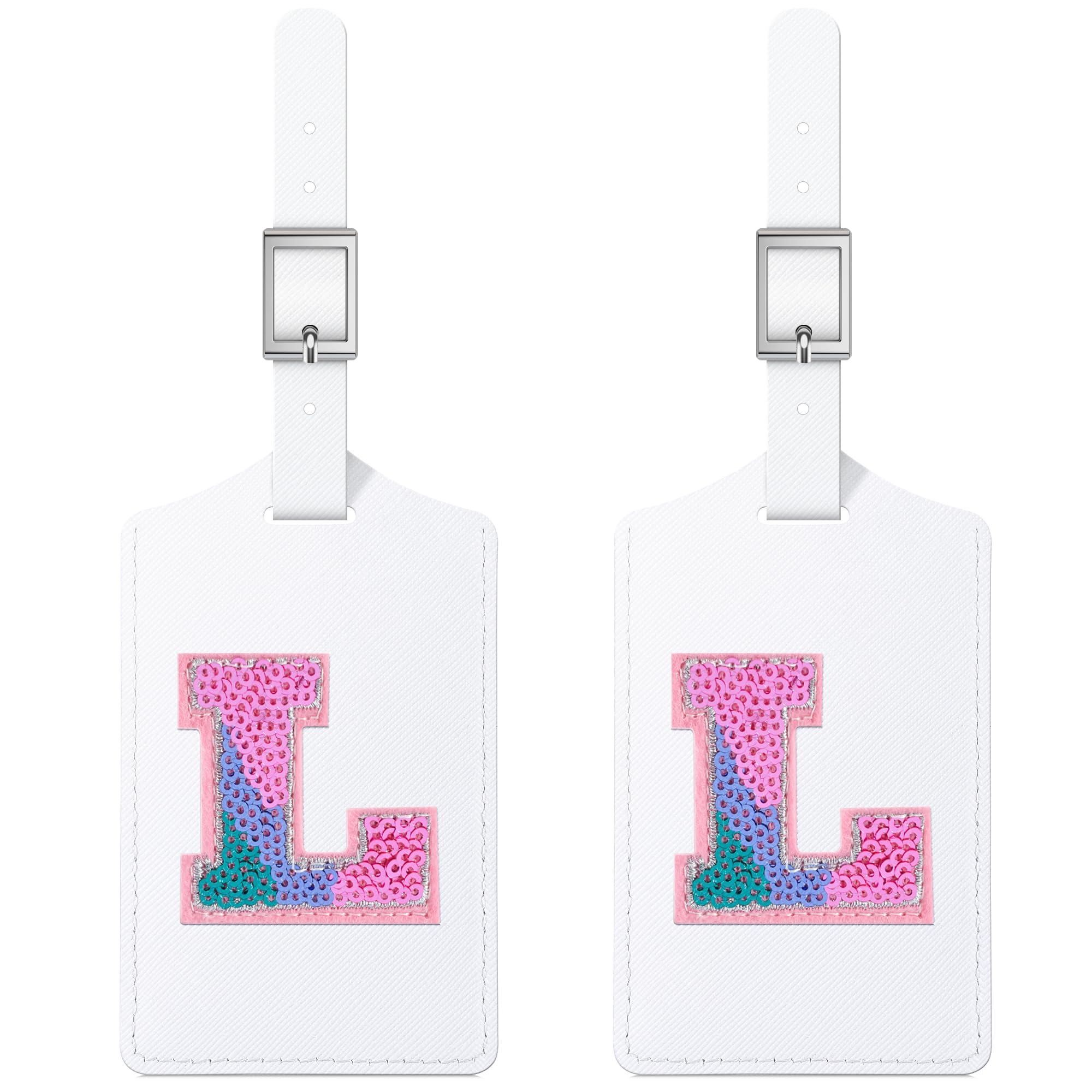 2 PCS Initial Luggage Tags - Cute Sequin Letter PU Leather Suitcase ID Tags with Privacy Cover for Travel - Perfect for Women, Kids, Teens & Men (L Size, White Leather + Colorful Letters) - Ideal for Airports, Cruise Ships & Family Vacations