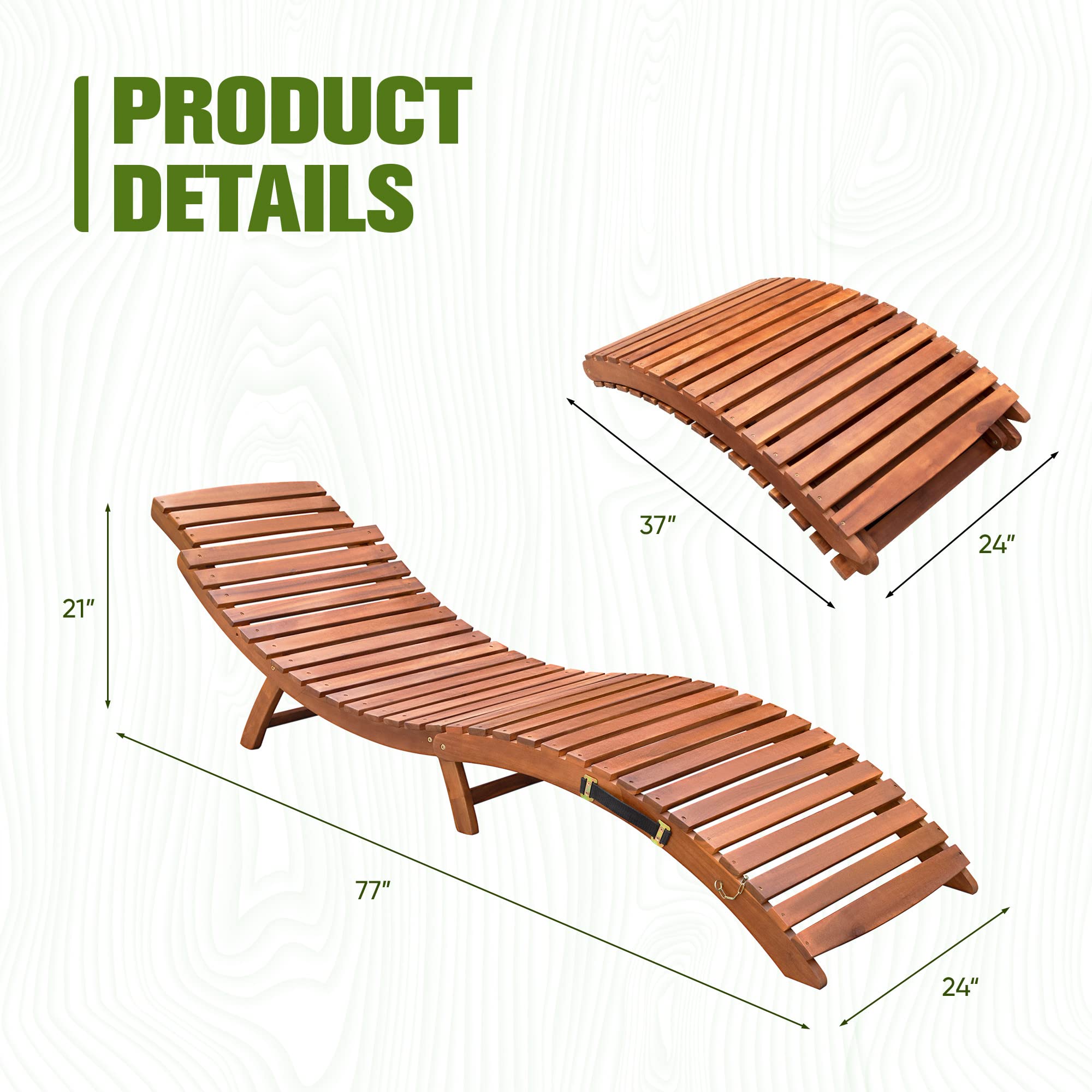 Devoko 2-Piece Outdoor Wooden Folding Chaise Lounge Chair Set - Waterproof Patio Poolside Sunbathing Chair for Backyard, Beach & Garden Relaxation