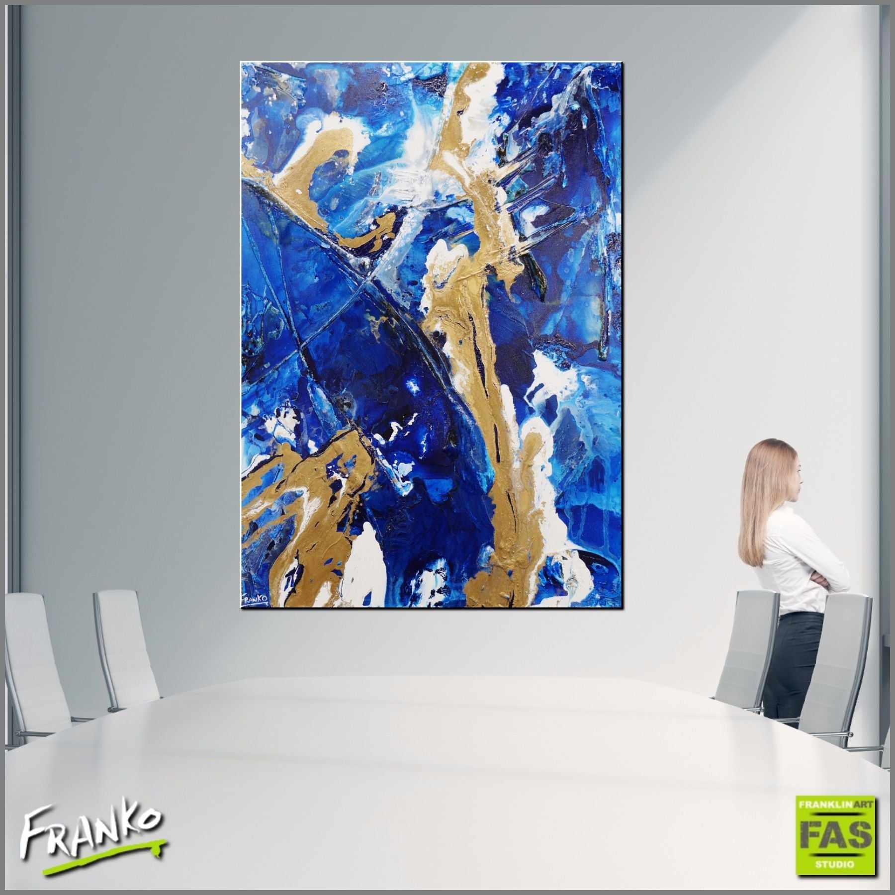 Blue and Gold Abstract Glitz Painting 140cm x 100cm - Modern Wall Art for Living Room, Bedroom & Office Decor