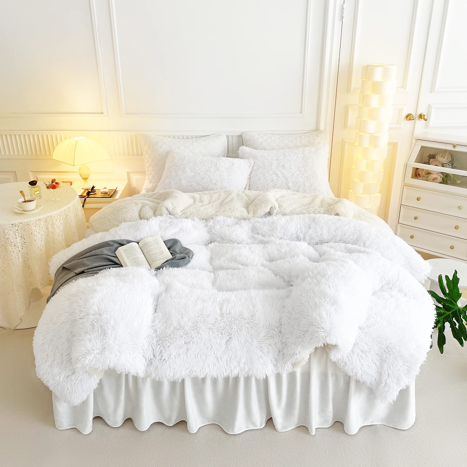 UOZZI BEDDING Faux Fur Comforter Set Queen 3-Piece - Ultra Soft Shaggy Comforter with 2 Pillowcases - Luxury Plush Winter Duvet Cover - Easy Care & Machine Washable - Perfect for Cold Weather & Cozy Bedroom Decor (Pure White, Twin Size)