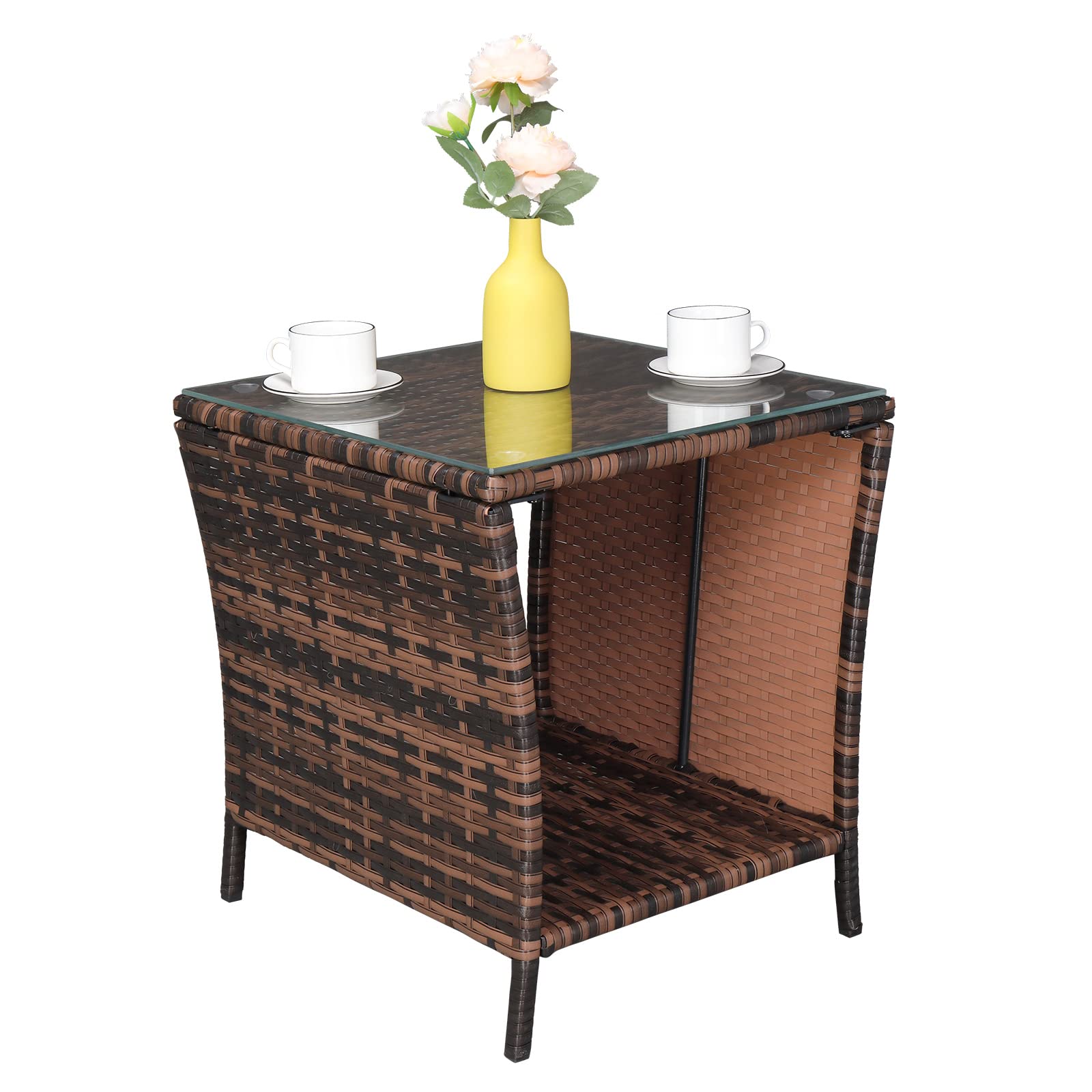 HomVent Wicker Side Table with Storage - Brown Outdoor Coffee Table for Patio & Garden